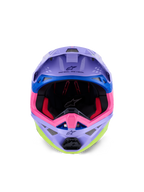 Casco Alpinestars Supertech M10 Jett Lawrence R01, casco de motocross, púrpura, rosa y amarillo flúor brillante, vista frontal que muestra el acolchado interior y la mentonera, 'ONE GOAL. ONE VISION.' impreso bajo la visera, gráficos de carreras coloridos con detalles en azul
