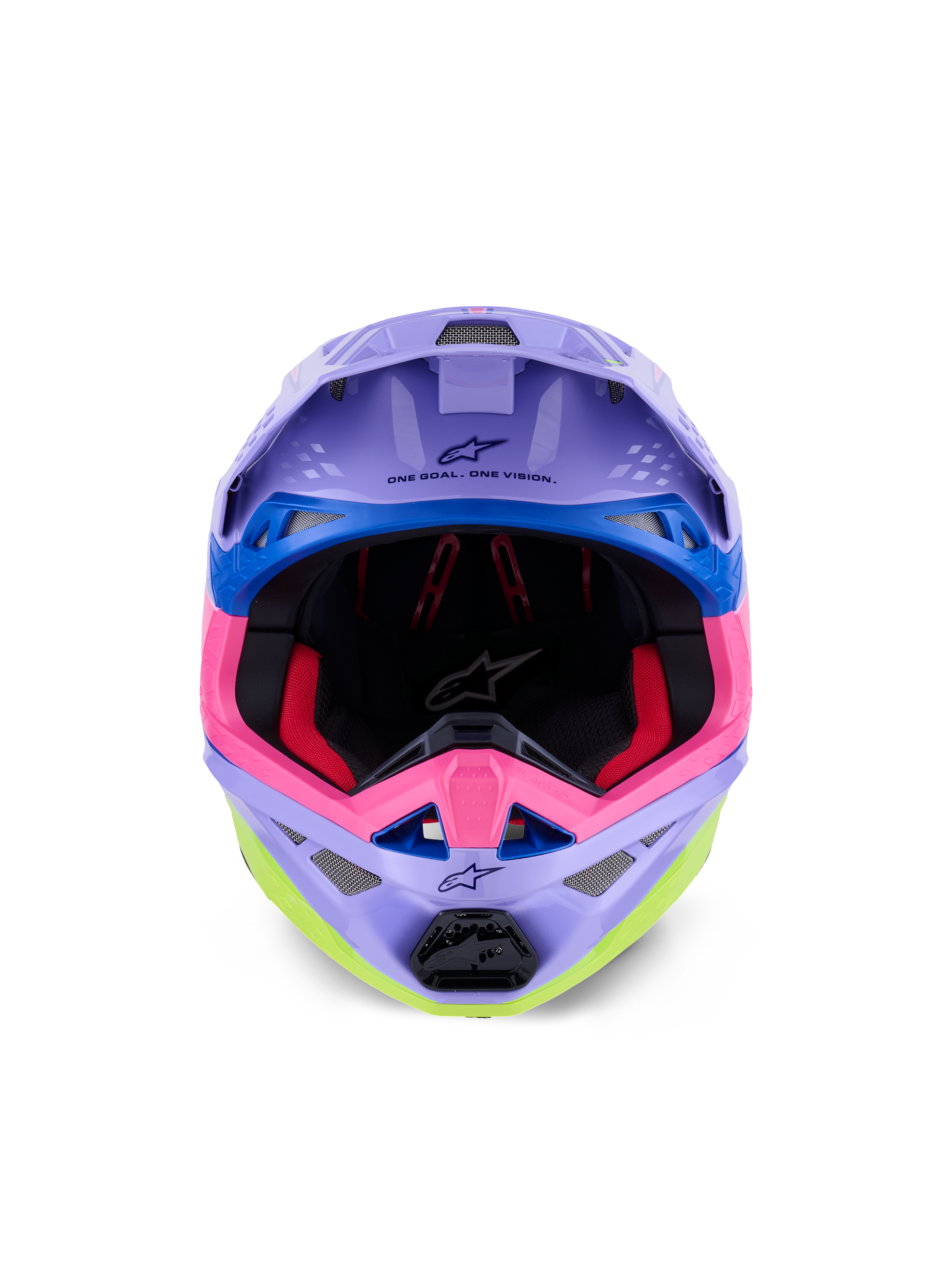 Casco Alpinestars Supertech M10 Jett Lawrence R01, casco de motocross, púrpura, rosa y amarillo flúor brillante, vista frontal que muestra el acolchado interior y la mentonera, 'ONE GOAL. ONE VISION.' impreso bajo la visera, gráficos de carreras coloridos con detalles en azul