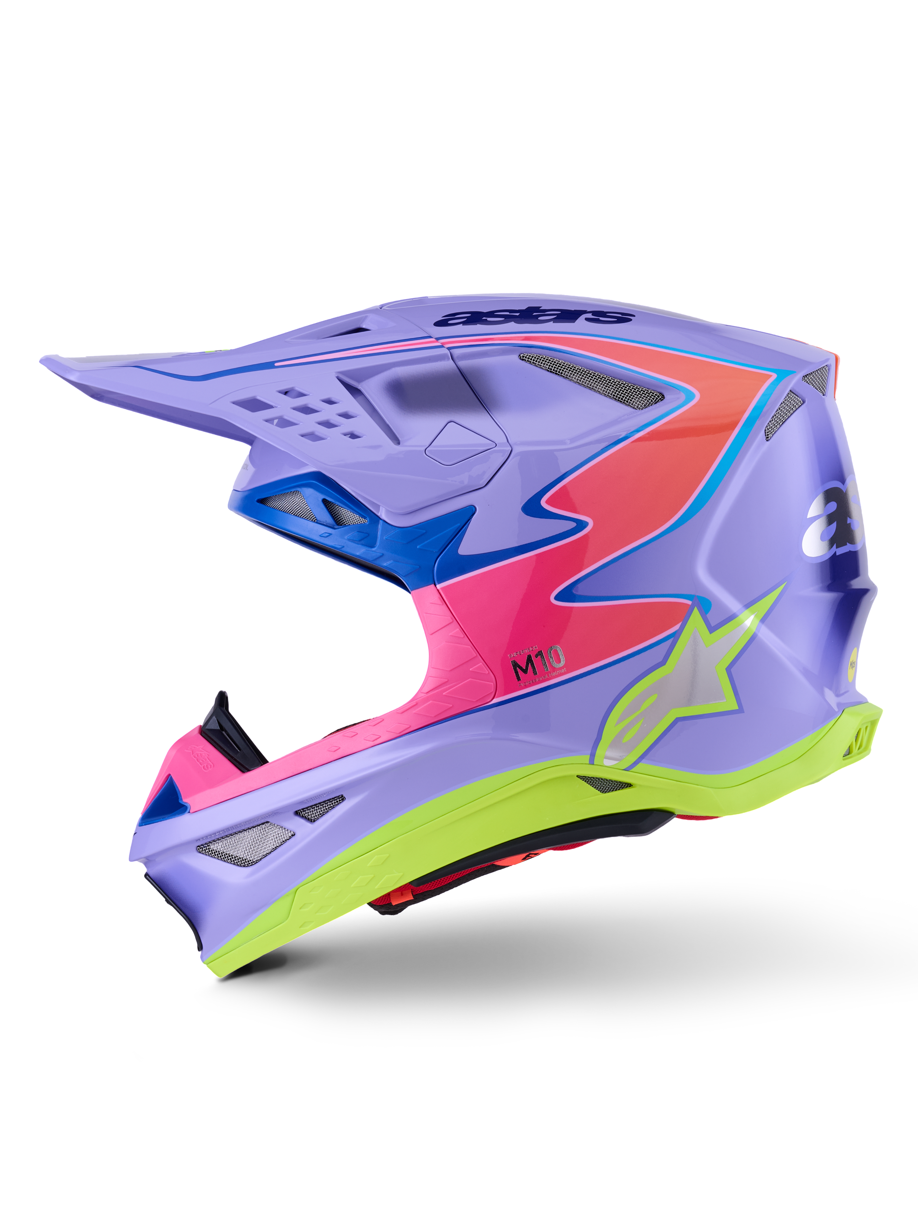 Casco Alpinestars Supertech M10 Jett Lawrence R01, casco de motocross, púrpura con detalles en rosa y amarillo flúor, vista de perfil lateral con una carcasa de carbono aerodinámica, logotipo de estrella plateada, múltiples puertos de ventilación y un diseño gráfico audaz para carreras profesionales de motocross.