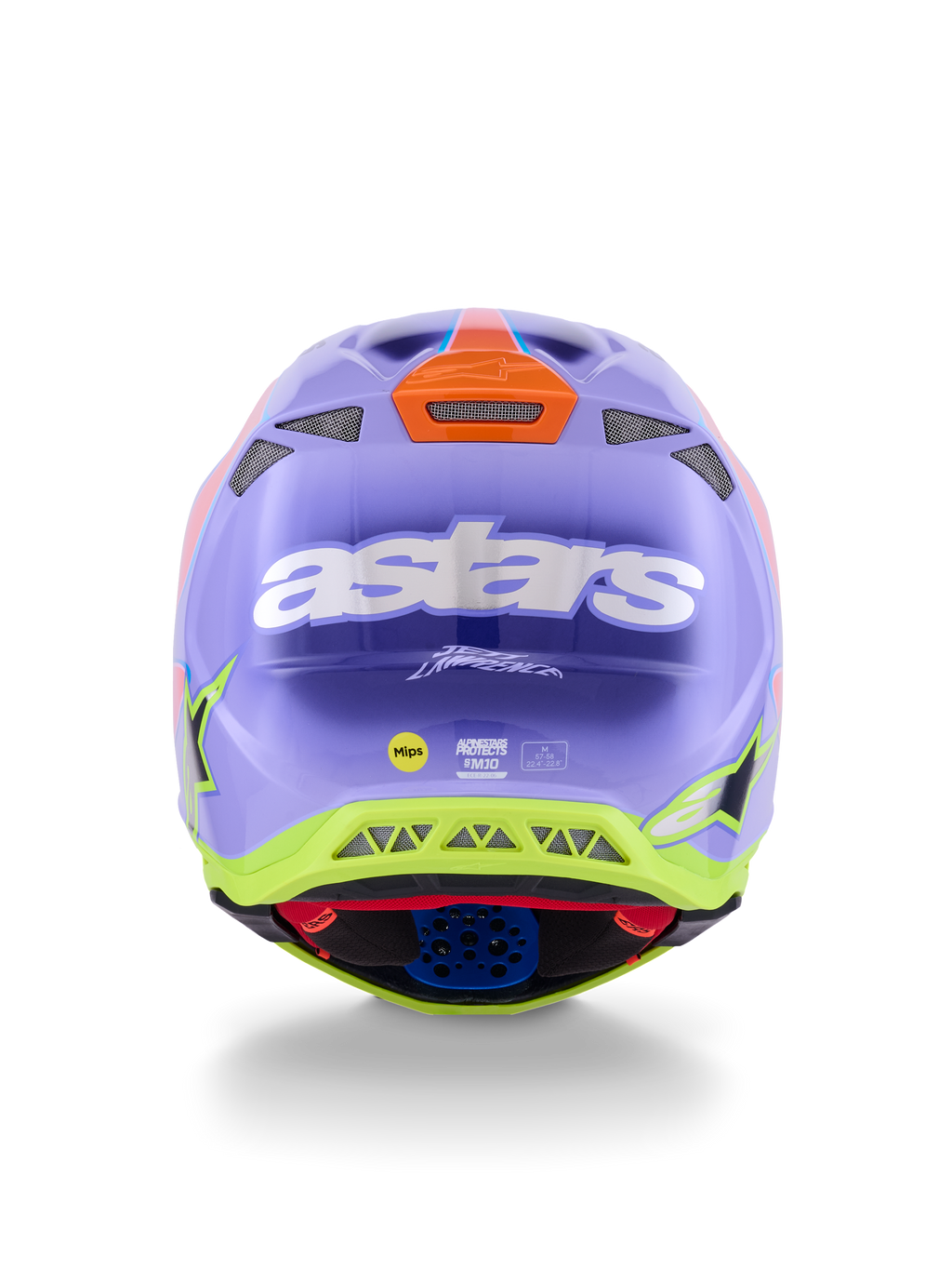 Casco Alpinestars Supertech M10 Jett Lawrence R01, casco de motocross, púrpura, rosa y amarillo fluorescente, vista trasera con el logotipo blanco de astars, firma de Jett Lawrence y múltiples puertos de ventilación, diseño aerodinámico para carreras todoterreno