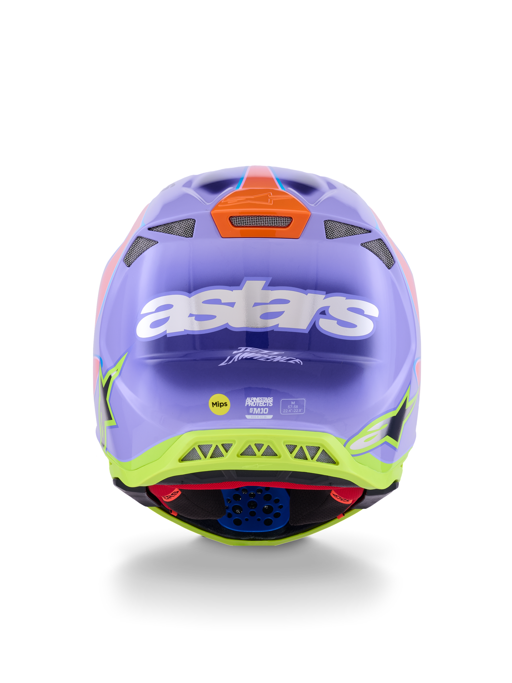 Casco Alpinestars Supertech M10 Jett Lawrence R01, casco de motocross, púrpura, rosa y amarillo fluorescente, vista trasera con el logotipo blanco de astars, firma de Jett Lawrence y múltiples puertos de ventilación, diseño aerodinámico para carreras todoterreno