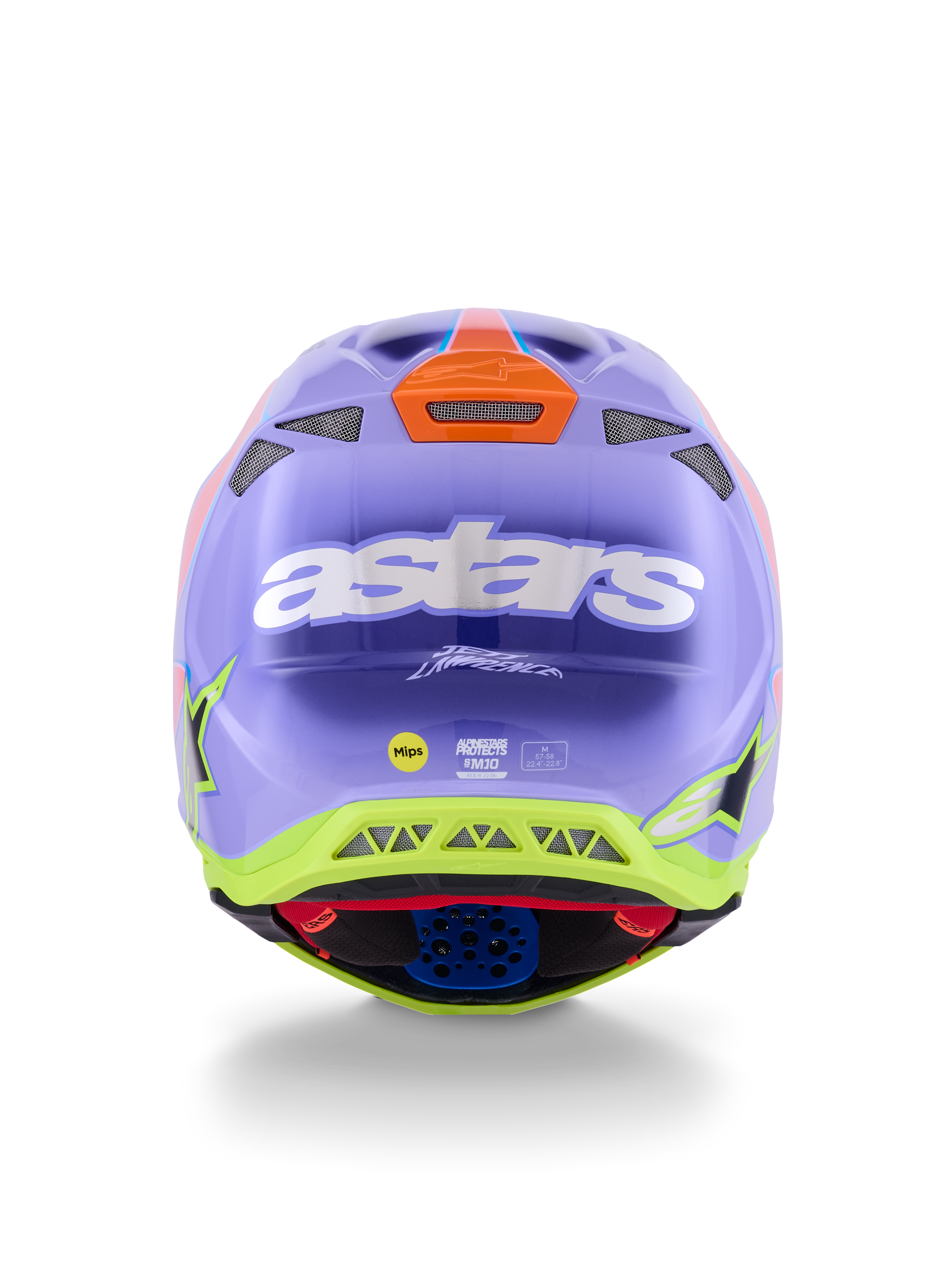 Casco Alpinestars Supertech M10 Jett Lawrence R01, casco de motocross, púrpura, rosa y amarillo fluorescente, vista trasera con el logotipo blanco de astars, firma de Jett Lawrence y múltiples puertos de ventilación, diseño aerodinámico para carreras todoterreno
