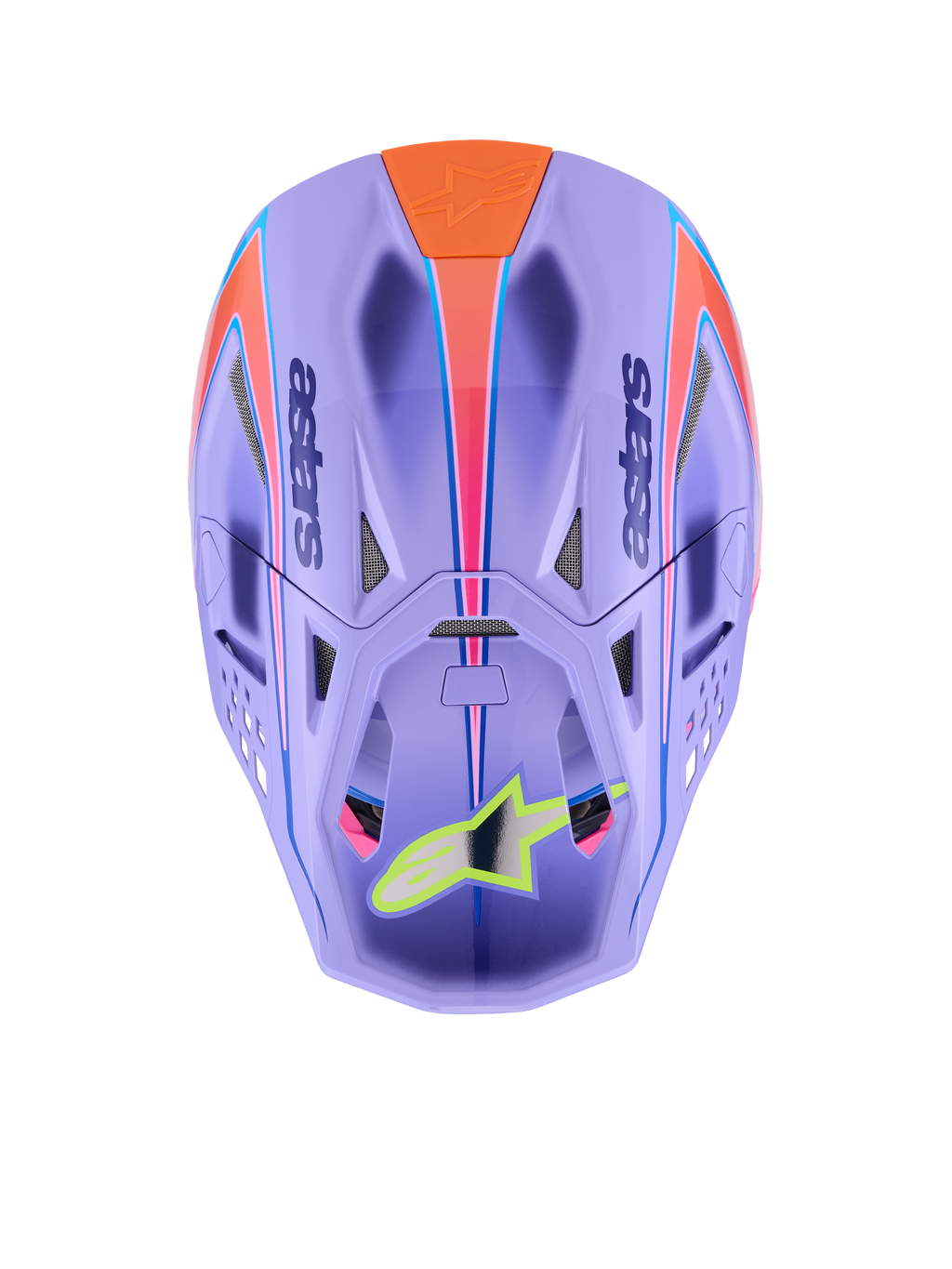 Casco Alpinestars Supertech M10 Jett Lawrence R01, casco de motocross, púrpura con gráficos en rosa y naranja, vista superior que muestra los puertos de ventilación y la carcasa aerodinámica, logotipo de estrella en amarillo neón en la visera, construcción avanzada en fibra de carbono para carreras off-road