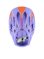 Casco Alpinestars Supertech M10 Jett Lawrence R01, casco de motocross, púrpura con gráficos en rosa y naranja, vista superior que muestra los puertos de ventilación y la carcasa aerodinámica, logotipo de estrella en amarillo neón en la visera, construcción avanzada en fibra de carbono para carreras off-road