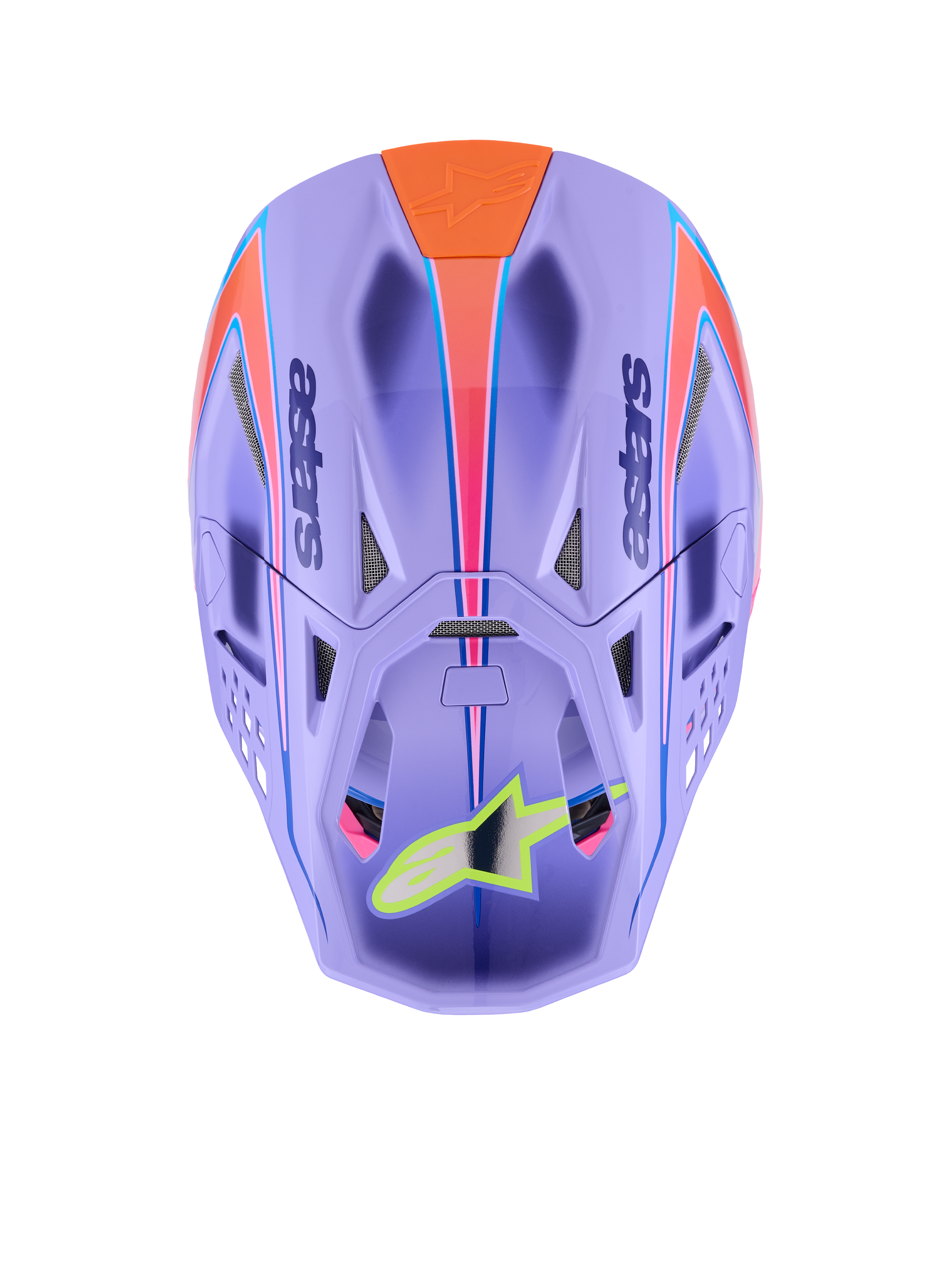 Casco Alpinestars Supertech M10 Jett Lawrence R01, casco de motocross, púrpura con gráficos en rosa y naranja, vista superior que muestra los puertos de ventilación y la carcasa aerodinámica, logotipo de estrella en amarillo neón en la visera, construcción avanzada en fibra de carbono para carreras off-road