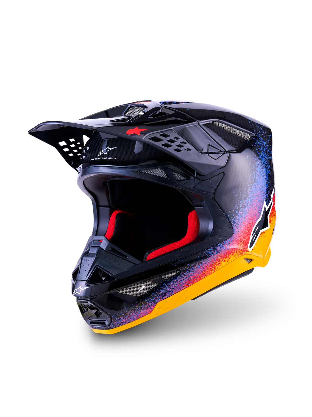 Casco Alpinestars Supertech M10 Black Hole Edición Limitada, casco de motocross, negro brillante con un vibrante patrón de salpicaduras en amarillo, naranja y azul, fibra de carbono visible en la visera, acolchado interior rojo, marca Alpinestars destacada, equipo de seguridad profesional para off-road