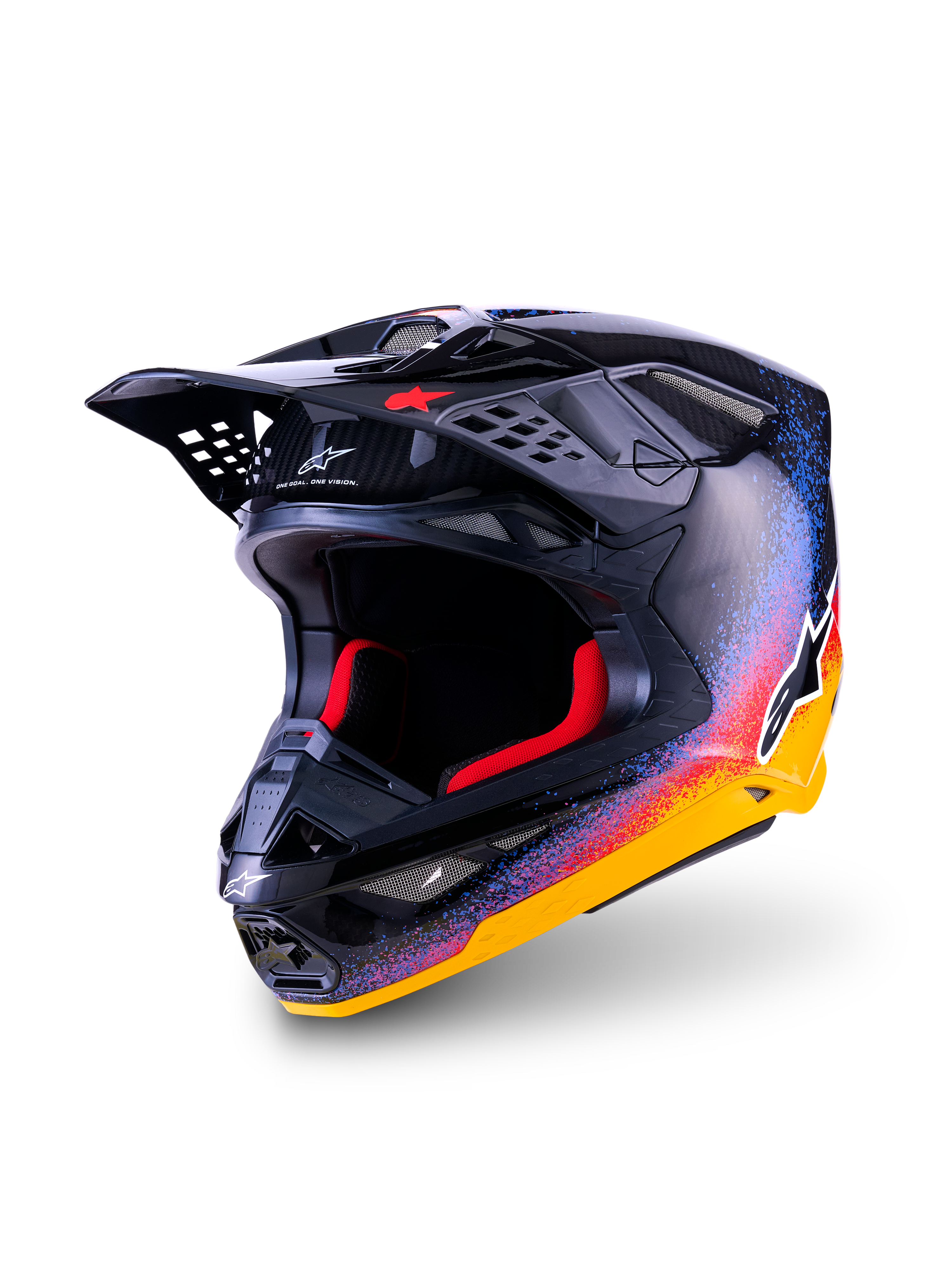 Casco Alpinestars Supertech M10 Black Hole Edición Limitada, casco de motocross, negro brillante con un vibrante patrón de salpicaduras en amarillo, naranja y azul, fibra de carbono visible en la visera, acolchado interior rojo, marca Alpinestars destacada, equipo de seguridad profesional para off-road