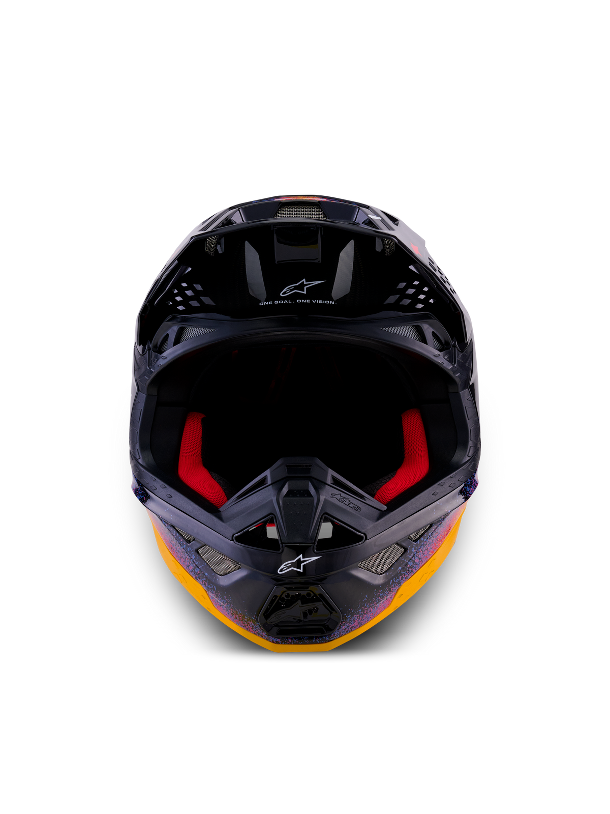 Casco Alpinestars Supertech M10 Black Hole Edición Limitada, casco de motocross, negro brillante con gráficos galácticos en naranja vibrante y púrpura, vista frontal con acolchado interior rojo y puertos de ventilación