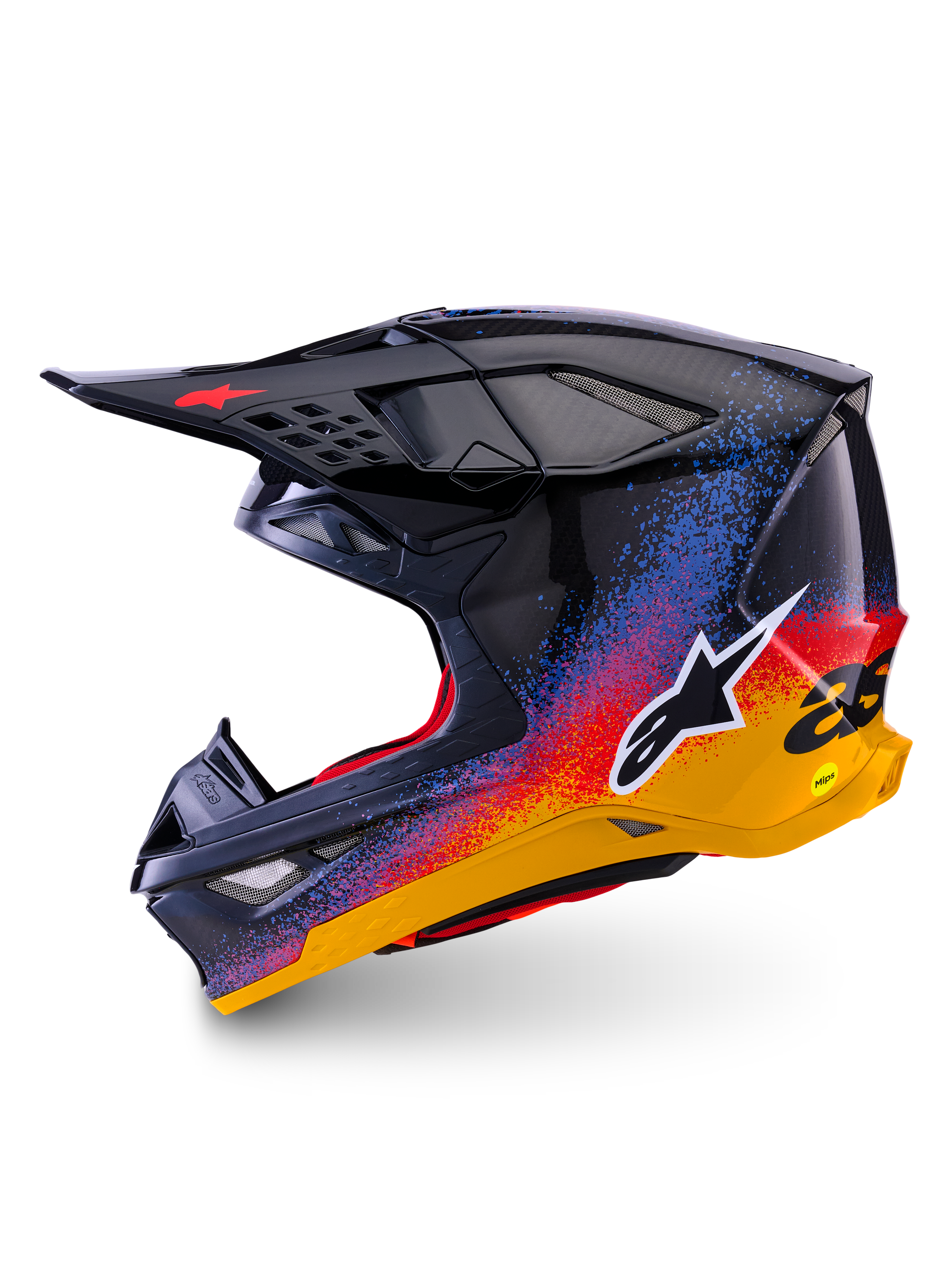Casco Alpinestars Supertech M10 Black Hole Edición Limitada, casco de motocross, acabado brillante Black Burst con salpicaduras en degradado vibrante de azul, rojo y amarillo, vista lateral de perfil que muestra el logotipo blanco de Astars y las texturas de la calota de fibra de carbono.