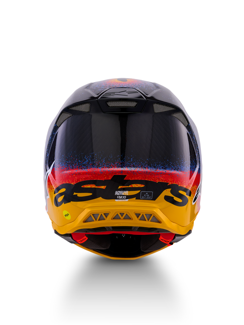 Casco Alpinestars Limited Edition Supertech M10 Black Hole, casco de motocross, vista trasera, con acabado Black Burst Glossy con salpicaduras azules y rojas que transicionan a una base amarillo brillante, marca 'astars' en negro y ventilaciones de escape visibles para un flujo de aire optimizado.
