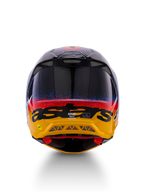 Casco Alpinestars Limited Edition Supertech M10 Black Hole, casco de motocross, vista trasera, con acabado Black Burst Glossy con salpicaduras azules y rojas que transicionan a una base amarillo brillante, marca 'astars' en negro y ventilaciones de escape visibles para un flujo de aire optimizado.