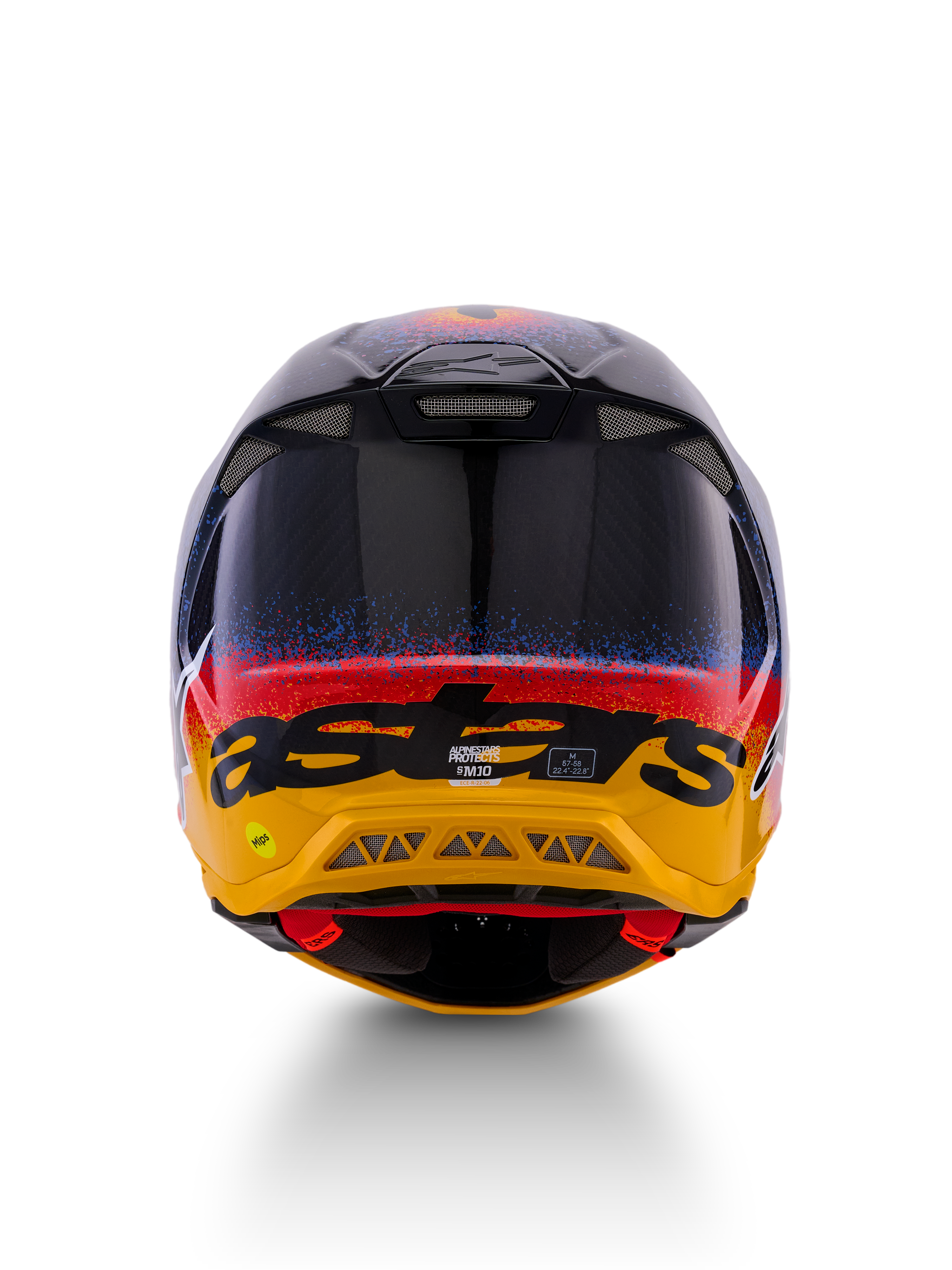 Casco Alpinestars Limited Edition Supertech M10 Black Hole, casco de motocross, vista trasera, con acabado Black Burst Glossy con salpicaduras azules y rojas que transicionan a una base amarillo brillante, marca 'astars' en negro y ventilaciones de escape visibles para un flujo de aire optimizado.