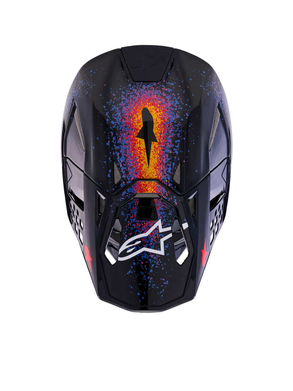 Casco Alpinestars Supertech M10 Black Hole Edición Limitada, casco de motocross, negro brillante (Black Burst Glossy), vista superior que muestra gráficos vibrantes inspirados en galaxias en naranja, rojo y azul, acabado brillante con el logotipo blanco de Alpinestars en la visera