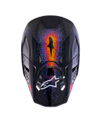 Casco Alpinestars Supertech M10 Black Hole Edición Limitada, casco de motocross, negro brillante (Black Burst Glossy), vista superior que muestra gráficos vibrantes inspirados en galaxias en naranja, rojo y azul, acabado brillante con el logotipo blanco de Alpinestars en la visera