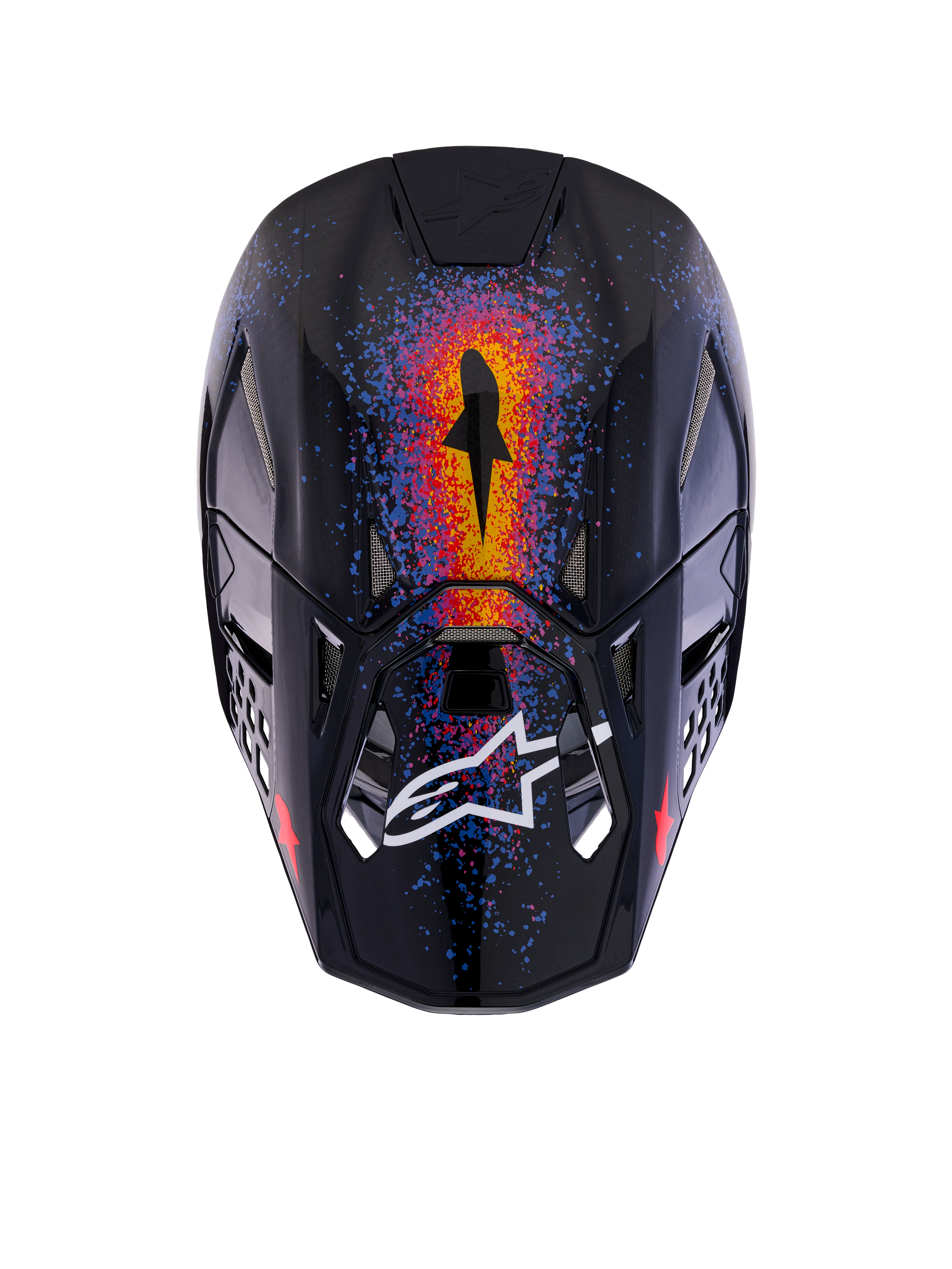 Casco Alpinestars Supertech M10 Black Hole Edición Limitada, casco de motocross, negro brillante (Black Burst Glossy), vista superior que muestra gráficos vibrantes inspirados en galaxias en naranja, rojo y azul, acabado brillante con el logotipo blanco de Alpinestars en la visera