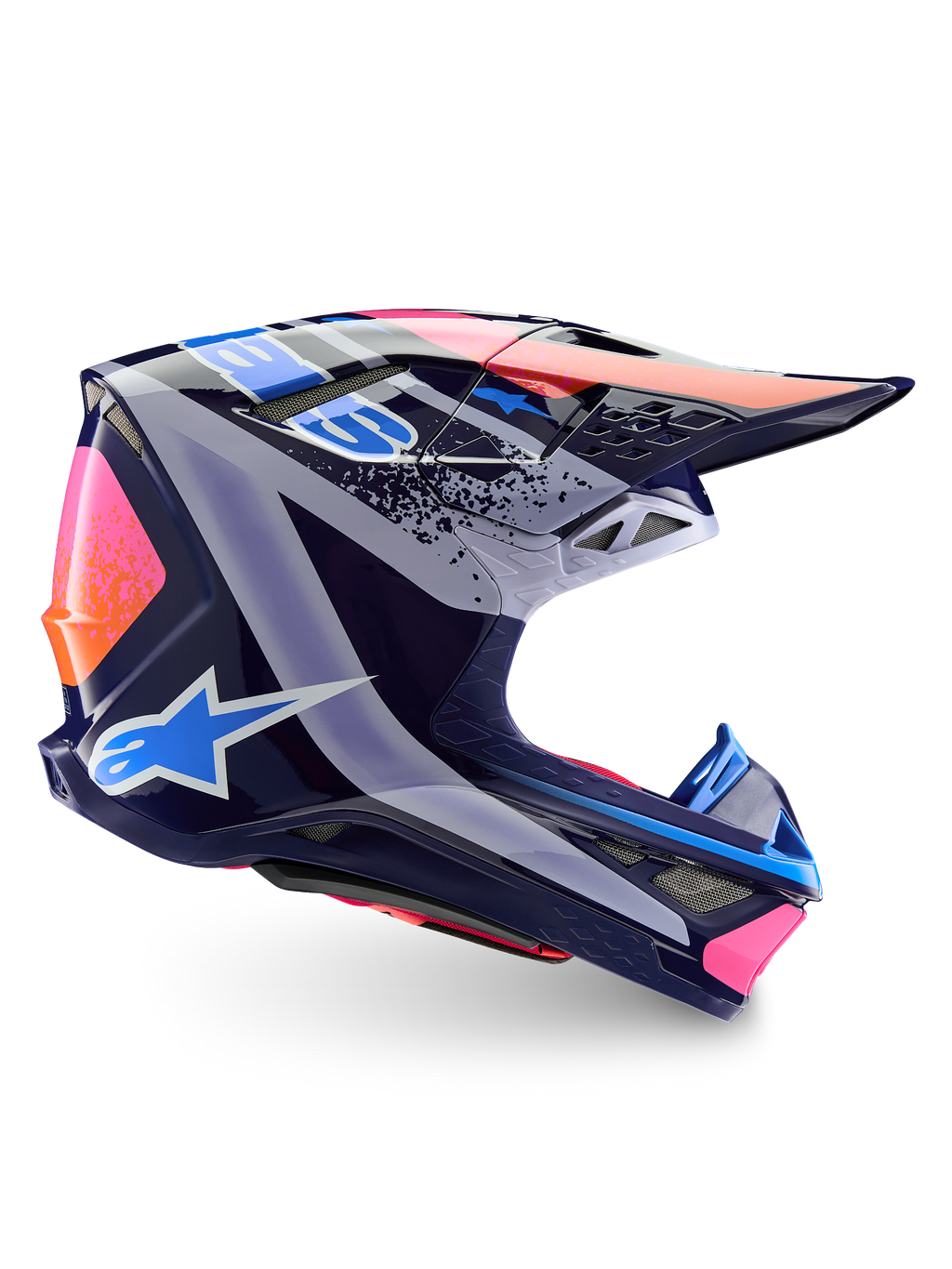 Casco Alpinestars Limited Edition Supertech M10 Records, casco de motocross, multicolor brillante, con una base azul marino y gráficos vibrantes Records en rosa, naranja y azul claro, vista de perfil lateral que muestra la calota aerodinámica, la visera y los puertos de ventilación.