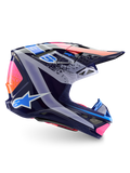 Casco Alpinestars Limited Edition Supertech M10 Records, casco de motocross, multicolor brillante, con una base azul marino y gráficos vibrantes Records en rosa, naranja y azul claro, vista de perfil lateral que muestra la calota aerodinámica, la visera y los puertos de ventilación.