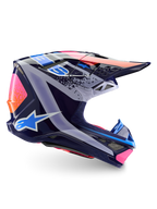 Casco Alpinestars Limited Edition Supertech M10 Records, casco de motocross, multicolor brillante, con una base azul marino y gráficos vibrantes Records en rosa, naranja y azul claro, vista de perfil lateral que muestra la calota aerodinámica, la visera y los puertos de ventilación.