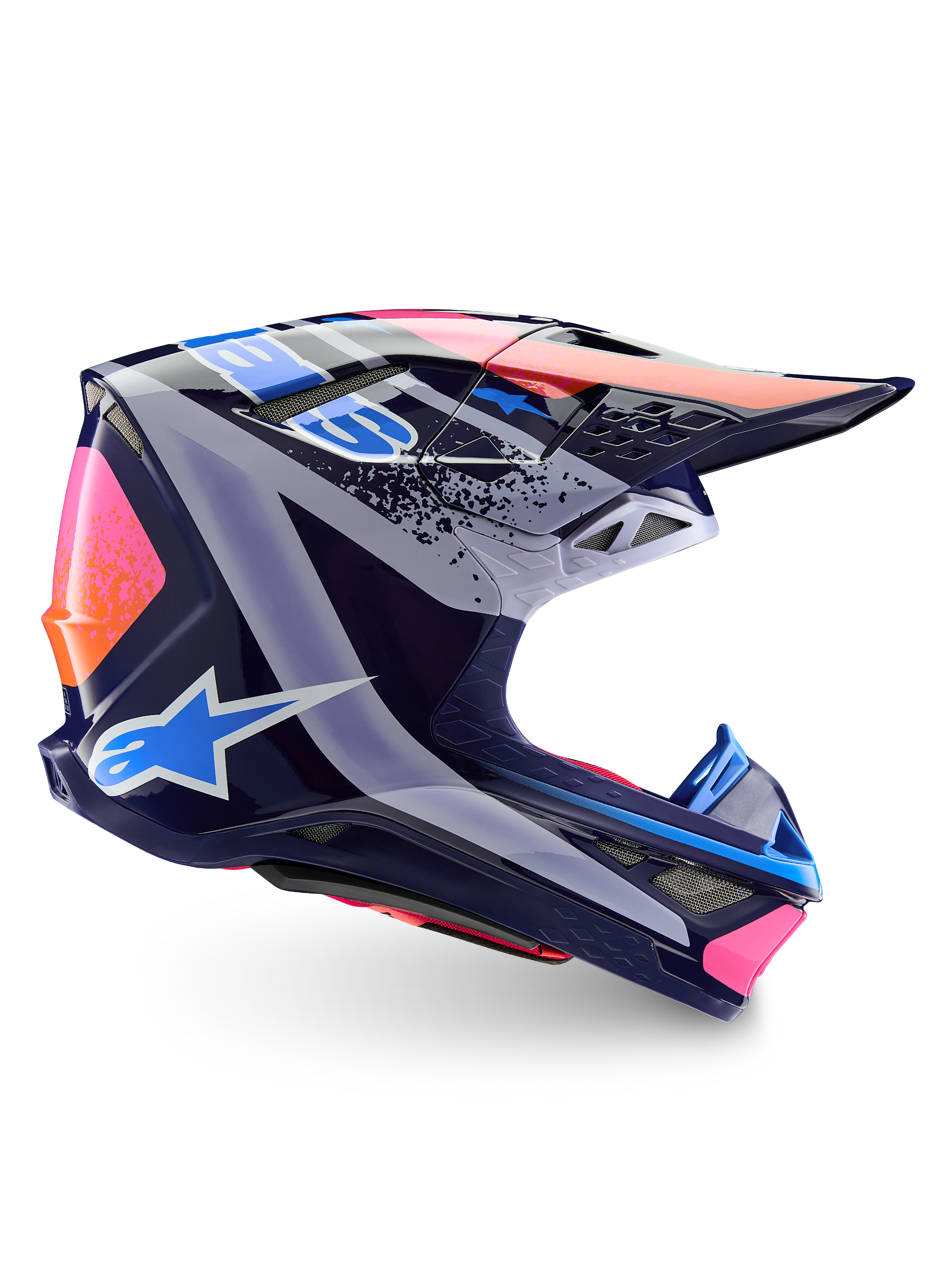 Casco Alpinestars Limited Edition Supertech M10 Records, casco de motocross, multicolor brillante, con una base azul marino y gráficos vibrantes Records en rosa, naranja y azul claro, vista de perfil lateral que muestra la calota aerodinámica, la visera y los puertos de ventilación.
