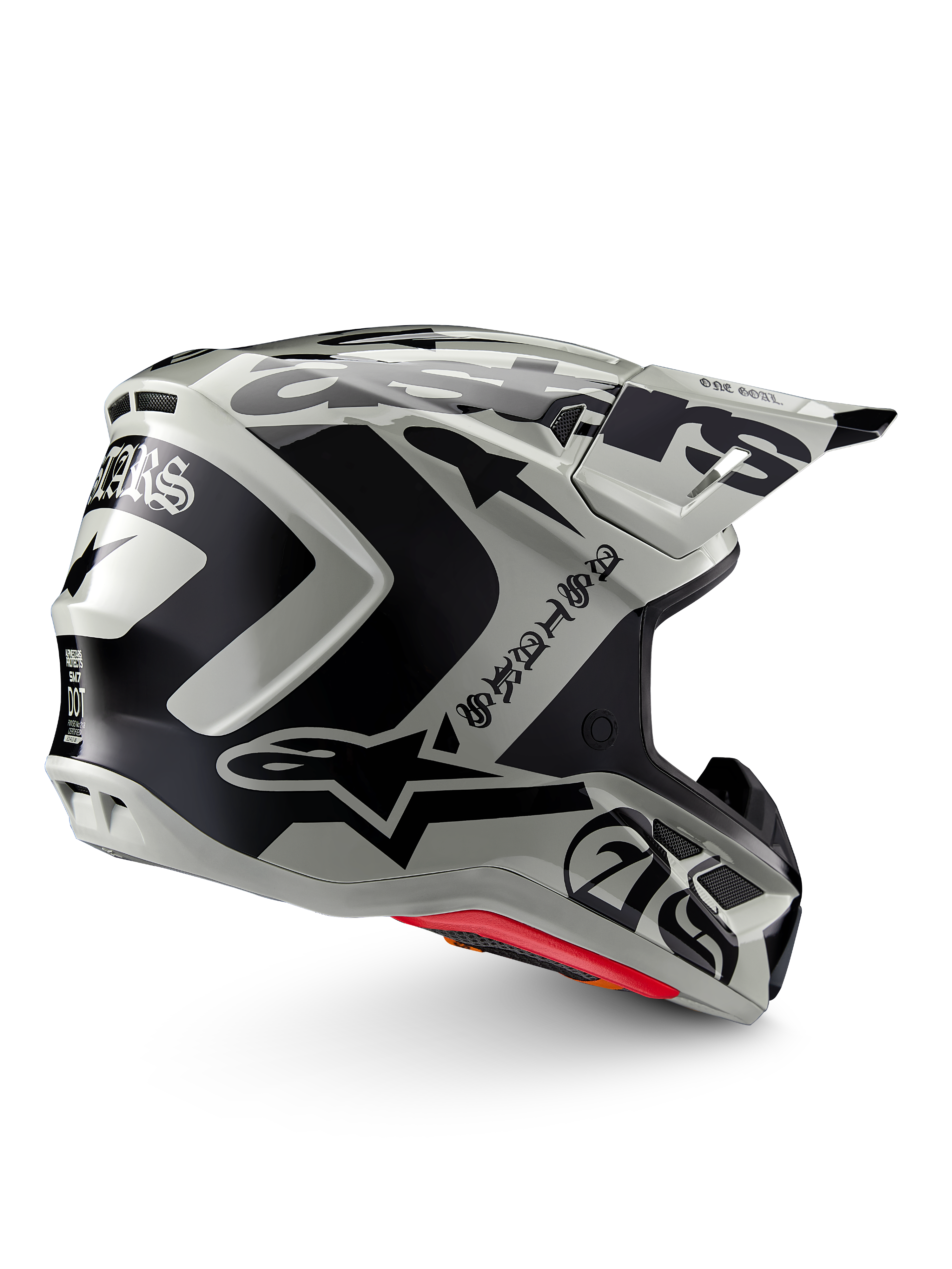 Casco Alpinestars Edición Limitada S-M7 Wolf Dust, casco de motocross, Dune Black Glossy, calota gris claro con gráficos Alpinestars en negro y texto de estilo gótico, diseño aerodinámico con múltiples puertos de ventilación, acolchado interno rojo, protección de cabeza de alto rendimiento para todoterreno