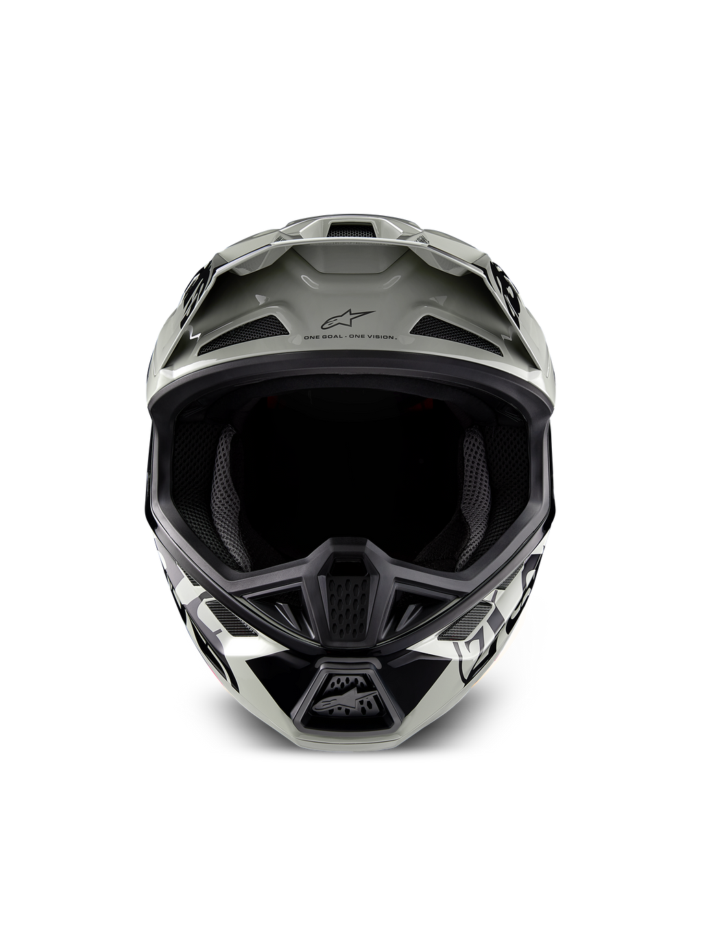 Casco Alpinestars Limited Edition S-M7 Wolf Dust, casco de motocross, color Dune Black Glossy con gráficos en blanco y negro, vista frontal que muestra la amplia apertura para las gafas y múltiples tomas de aire de ventilación, visera aerodinámica con el logotipo de Alpinestars y el texto 'One Goal One Vision', protección de cabeza especializada para carreras off-road