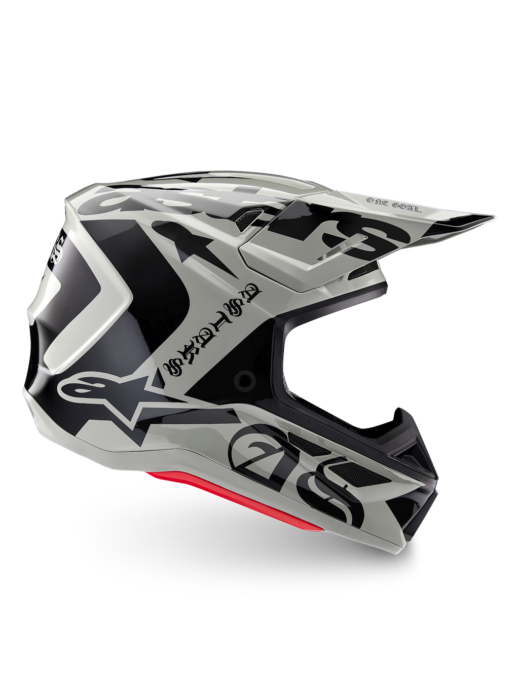 Casco Alpinestars Edición Limitada S-M7 Wolf Dust, casco de motocross en color Dune Black Glossy, perfil lateral con gráficos negros llamativos y logotipos de la marca, acentos rojos en la base, protección aerodinámica para la cabeza off-road