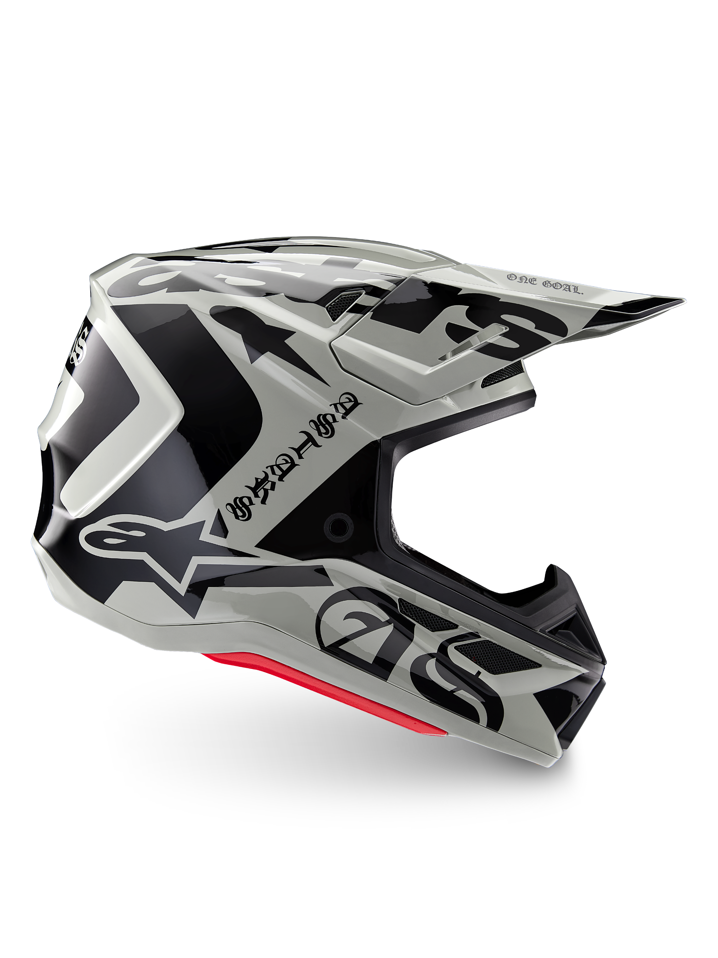 Alpinestars Limited Edition S-M7 Wolf Dust Helmet, Dune Black Glossy motocross helmet, side profile featuring bold black graphics and branding, red base accents, aerodynamic off-road head protection