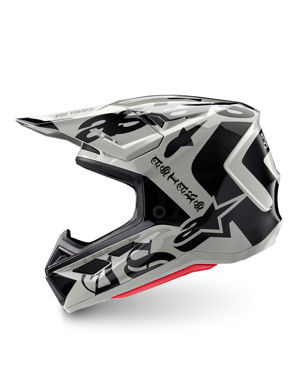 Casco Alpinestars Edición Limitada S-M7 Wolf Dust, casco de motocross, Dune Black Glossy, calota de color blanco roto con marca ASTARS en estilo gótico y patrones gráficos en negro, acolchado interior rojo visible, perfil aerodinámico para carreras off-road
