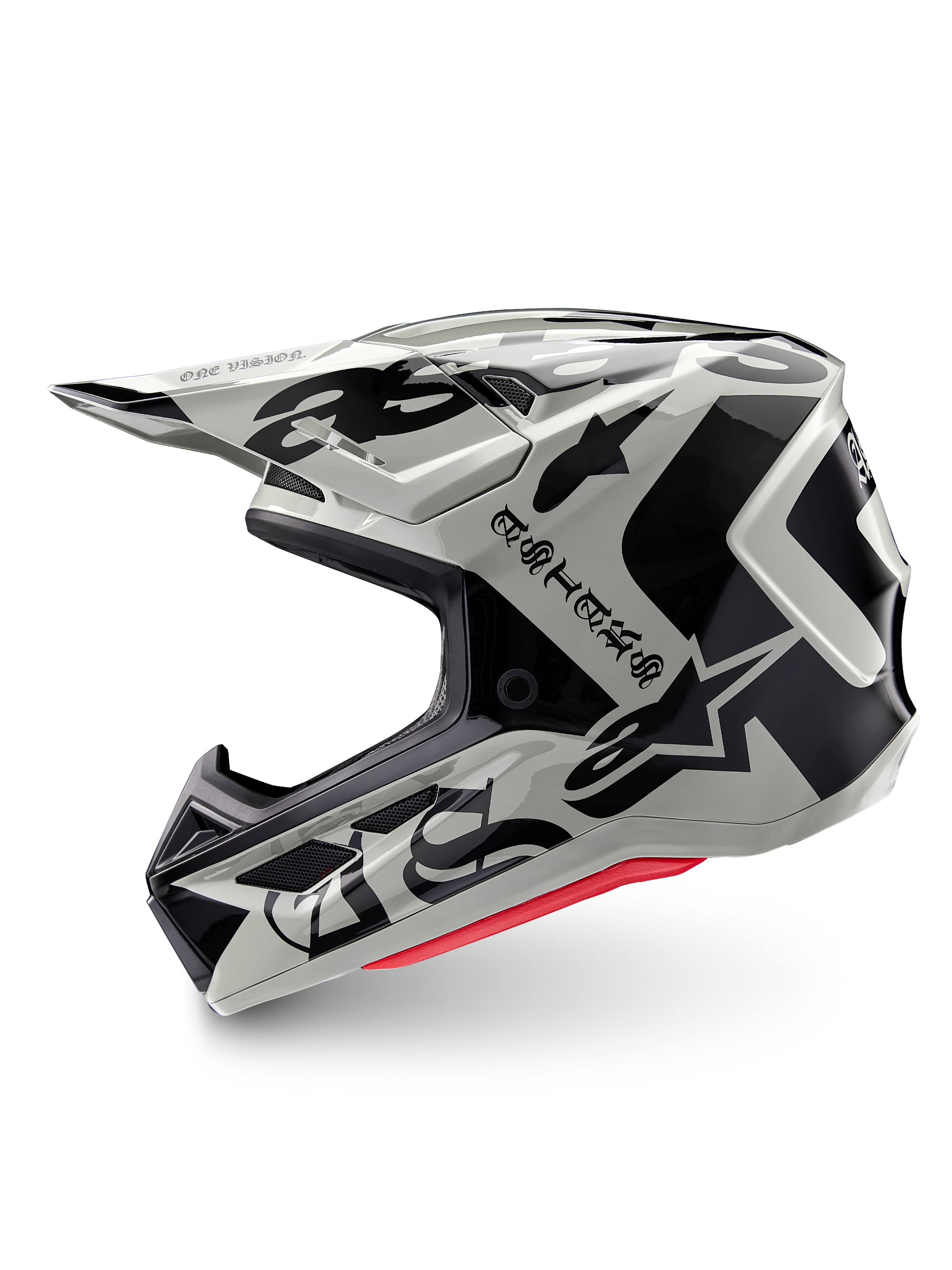 Casco Alpinestars Edición Limitada S-M7 Wolf Dust, casco de motocross, Dune Black Glossy, calota de color blanco roto con marca ASTARS en estilo gótico y patrones gráficos en negro, acolchado interior rojo visible, perfil aerodinámico para carreras off-road