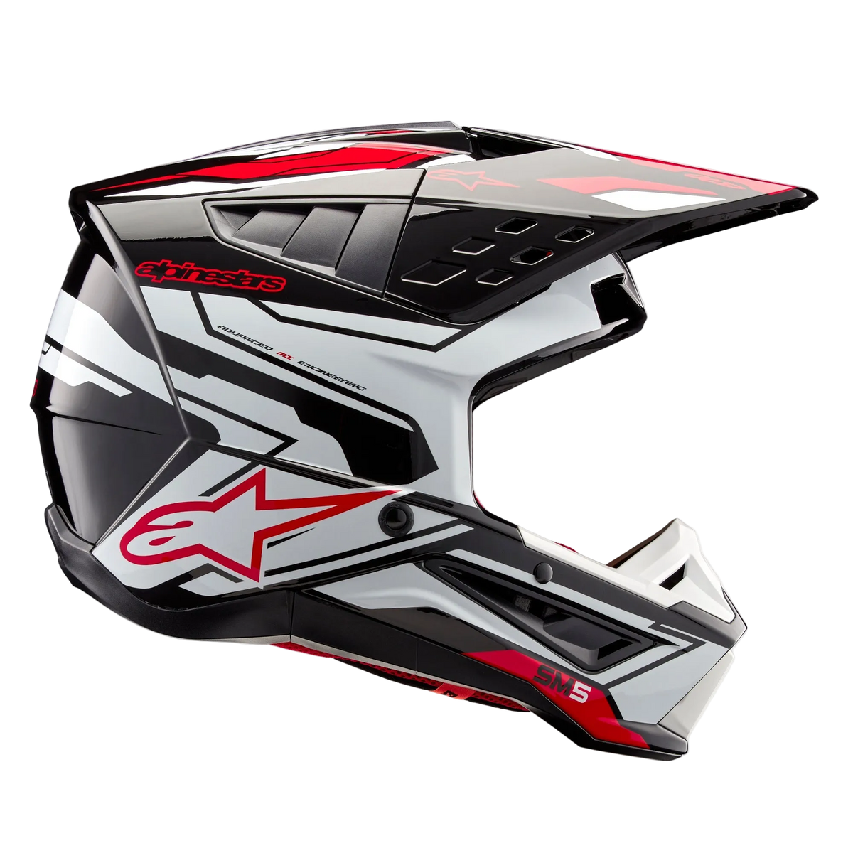 Alpinestars S-M5 Action 2 Helmet ECE, Motocross Helmet, Black White Bright Red Glossy, side profile view showing bold graphics and red star logo, sleek aerodynamic shell with multiple air vents, adjustable visor, high-performance gear for off-road racing