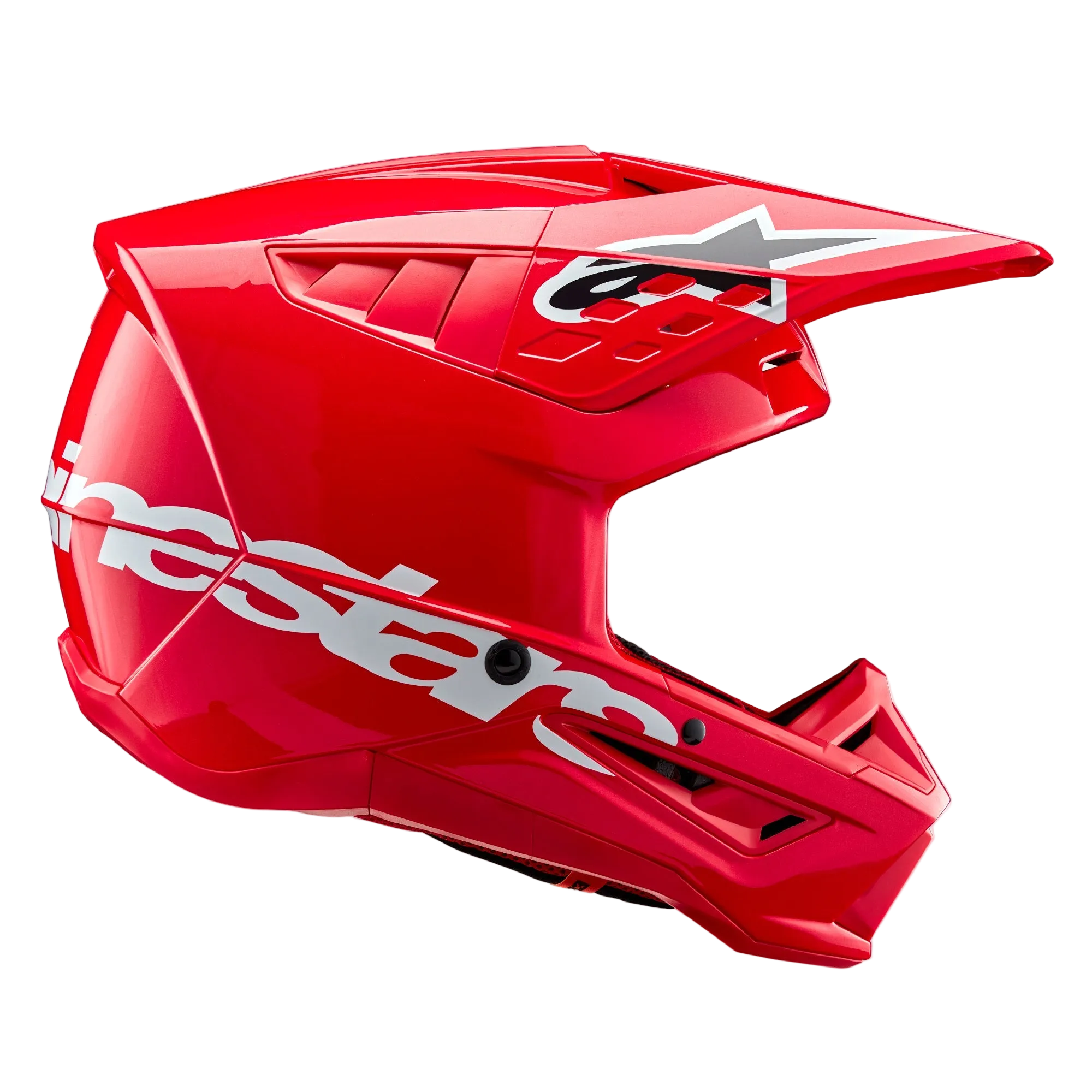 Alpinestars S-M5 Corp Helmet ECE, Motocross Helmet, Bright Red Glossy, side profile view showing a large white Alpinestars logo on the lower shell, aerodynamic ventilated visor with star logo, and high-gloss finish for off-road racing protection