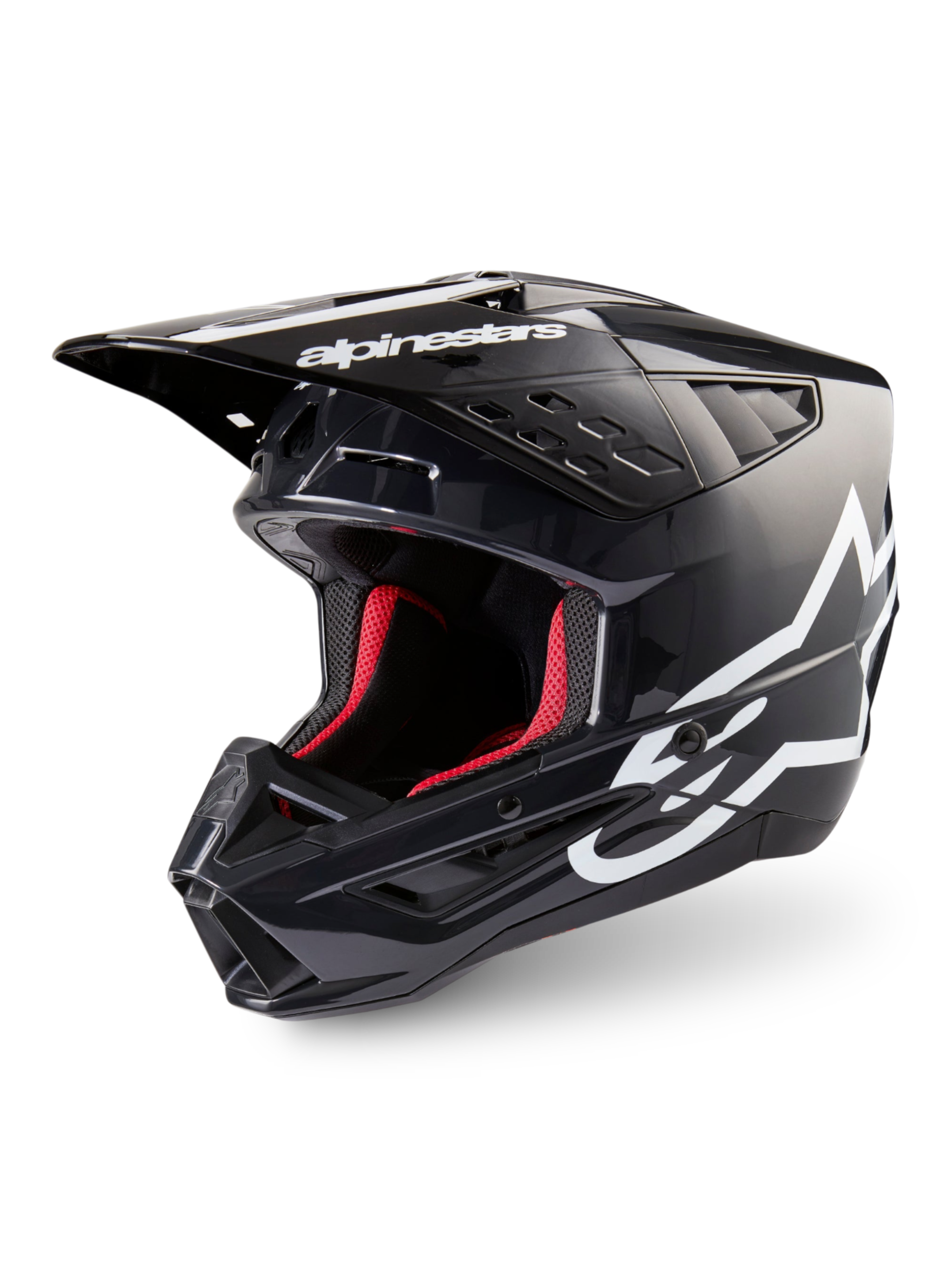 Alpinestars S-M5 Corp Motocross Helmet in Dark Gray Glossy and White, ECE 22.06 certified with a red interior lining.