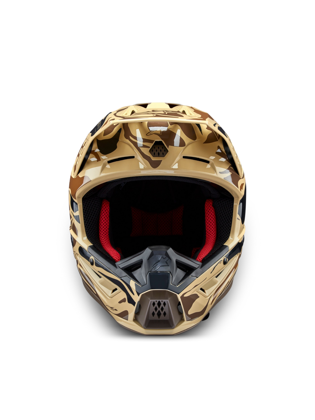 Alpinestars S-M5 Mineral, casco de motocross marrón camuflaje, certificado ECE 22.06, vista frontal, acolchado interior rojo