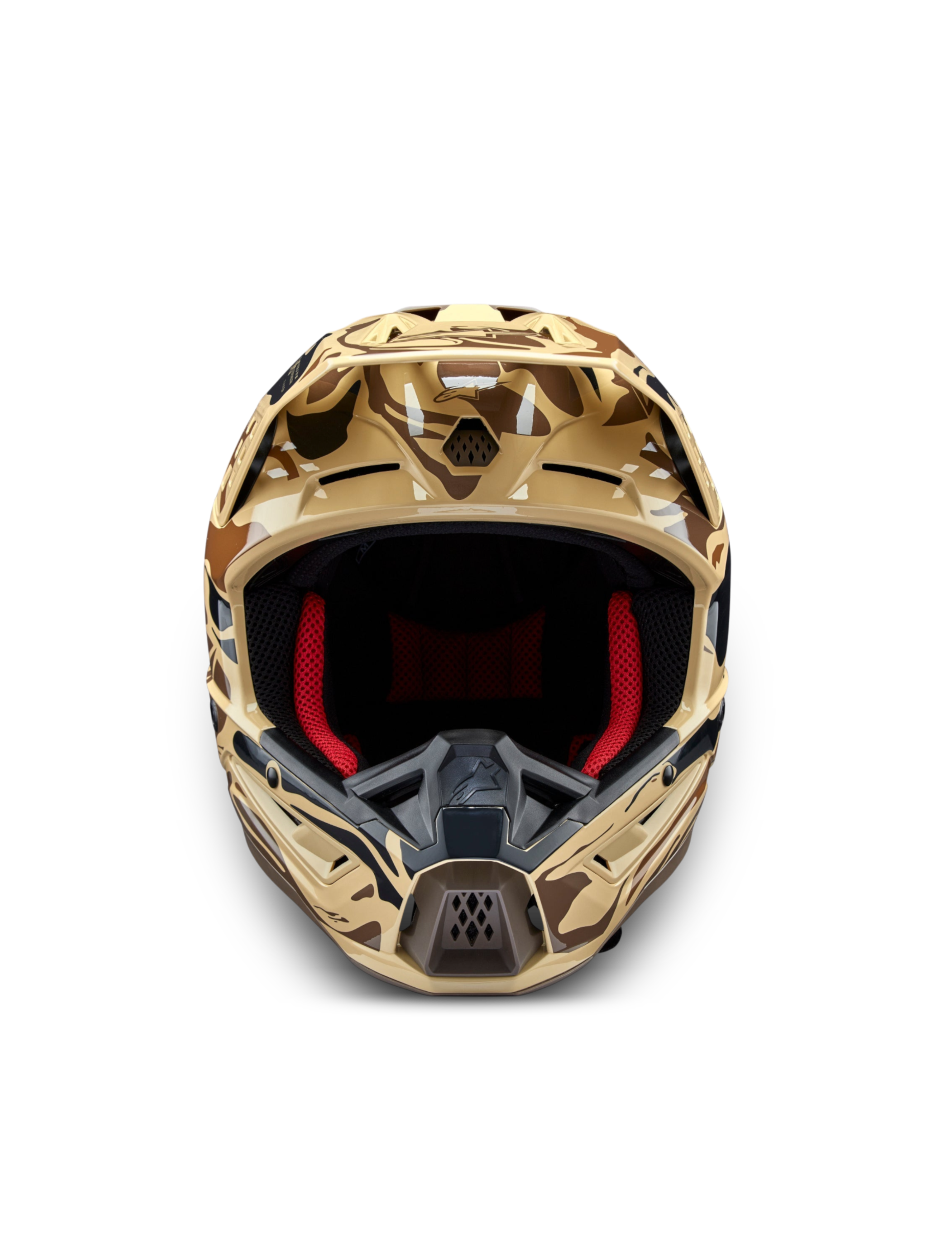 Alpinestars S-M5 Mineral, casco de motocross marrón camuflaje, certificado ECE 22.06, vista frontal, acolchado interior rojo