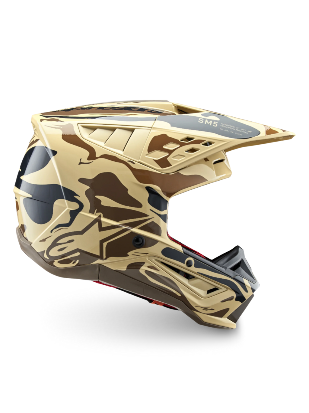 Alpinestars S-M5 Mineral, casco de motocross con camuflaje marrón y tostado, certificado ECE 22.06 para protección todoterreno.