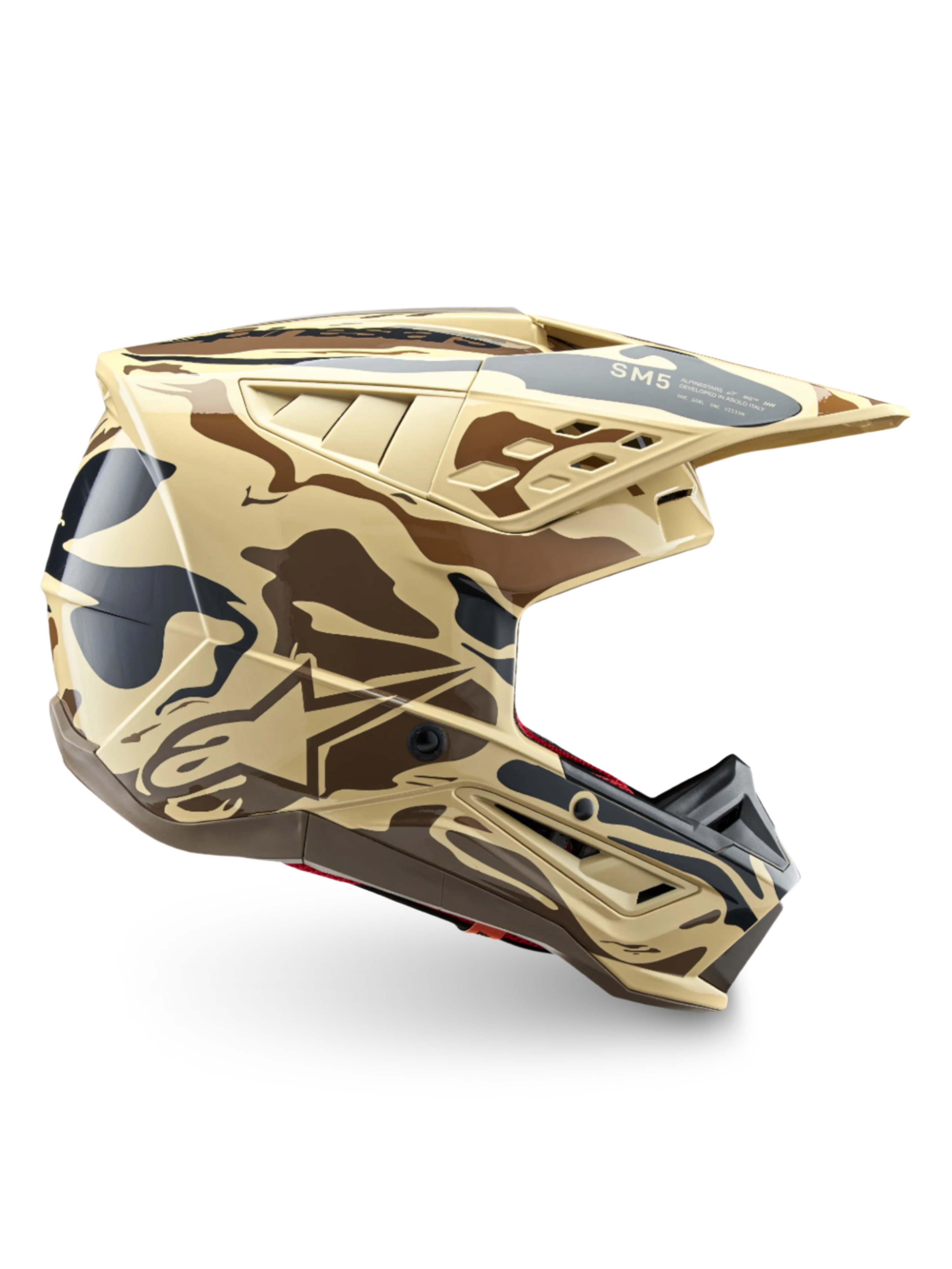 Alpinestars S-M5 Mineral, casco de motocross con camuflaje marrón y tostado, certificado ECE 22.06 para protección todoterreno.