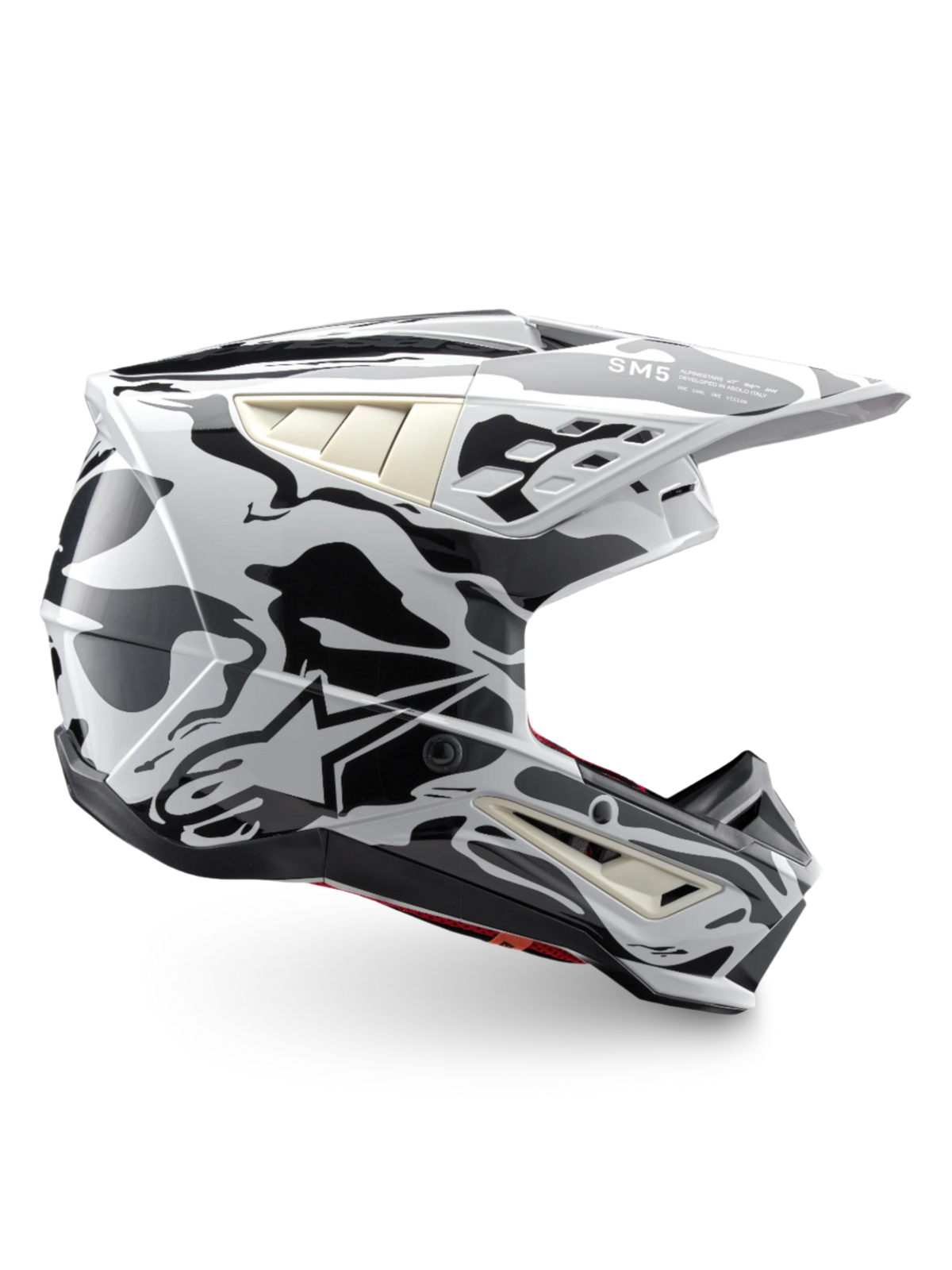 Alpinestars S-M5 Mineral, casco de motocross gris frío y gris oscuro, certificación ECE 22.06 y gráfico de camuflaje