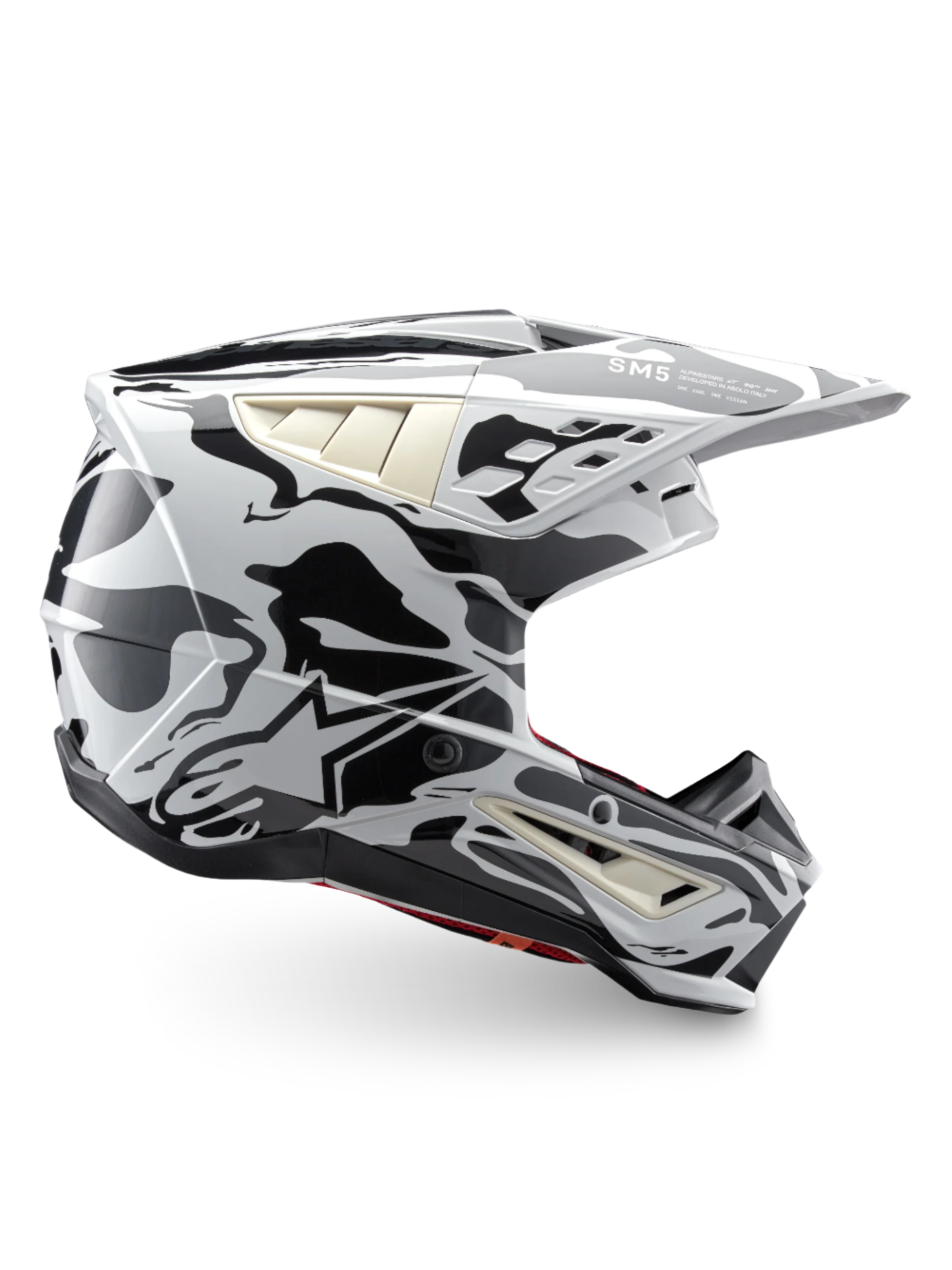 Alpinestars S-M5 Mineral Helmet, Cool Gray and Dark Gray Motocross Helmet, ECE 22.06 certified with camouflage graphic.