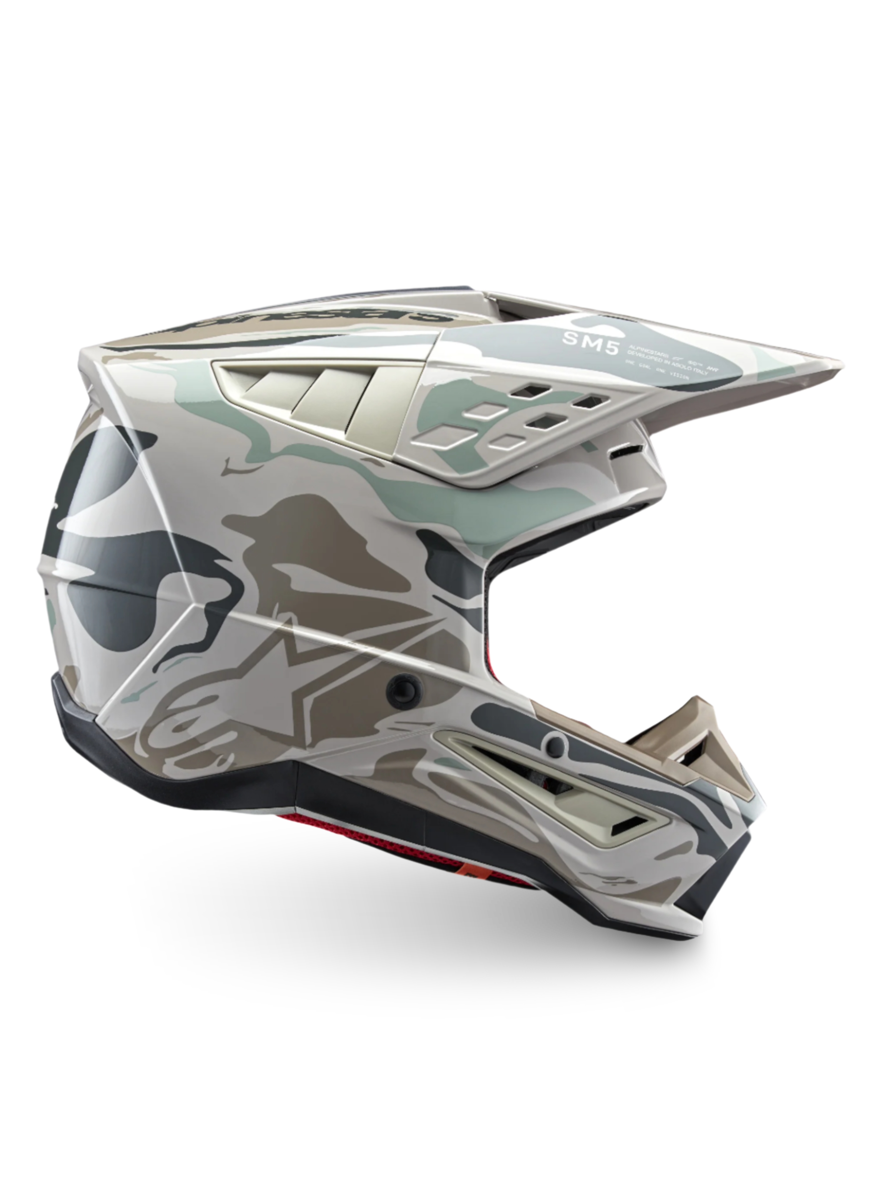 Alpinestars S-M5 Mineral Motocross Helmet in Warm Gray and Celadon Green, ECE 22.06 certified off-road protection.
