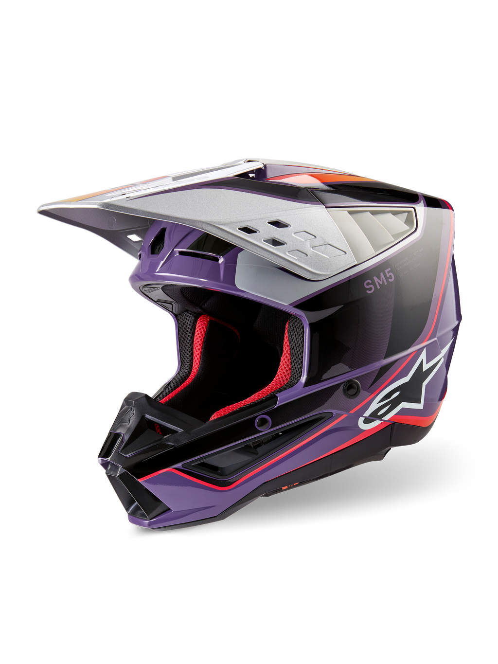 Casco Alpinestars S-M5 Sail ECE, casco de motocross, violeta, negro y plateado brillante, con acolchado interior y detalles en rojo, acabado brillante con el logotipo de Alpinestars destacado, visera aerodinámica plateada, equipo de protección profesional para todoterreno