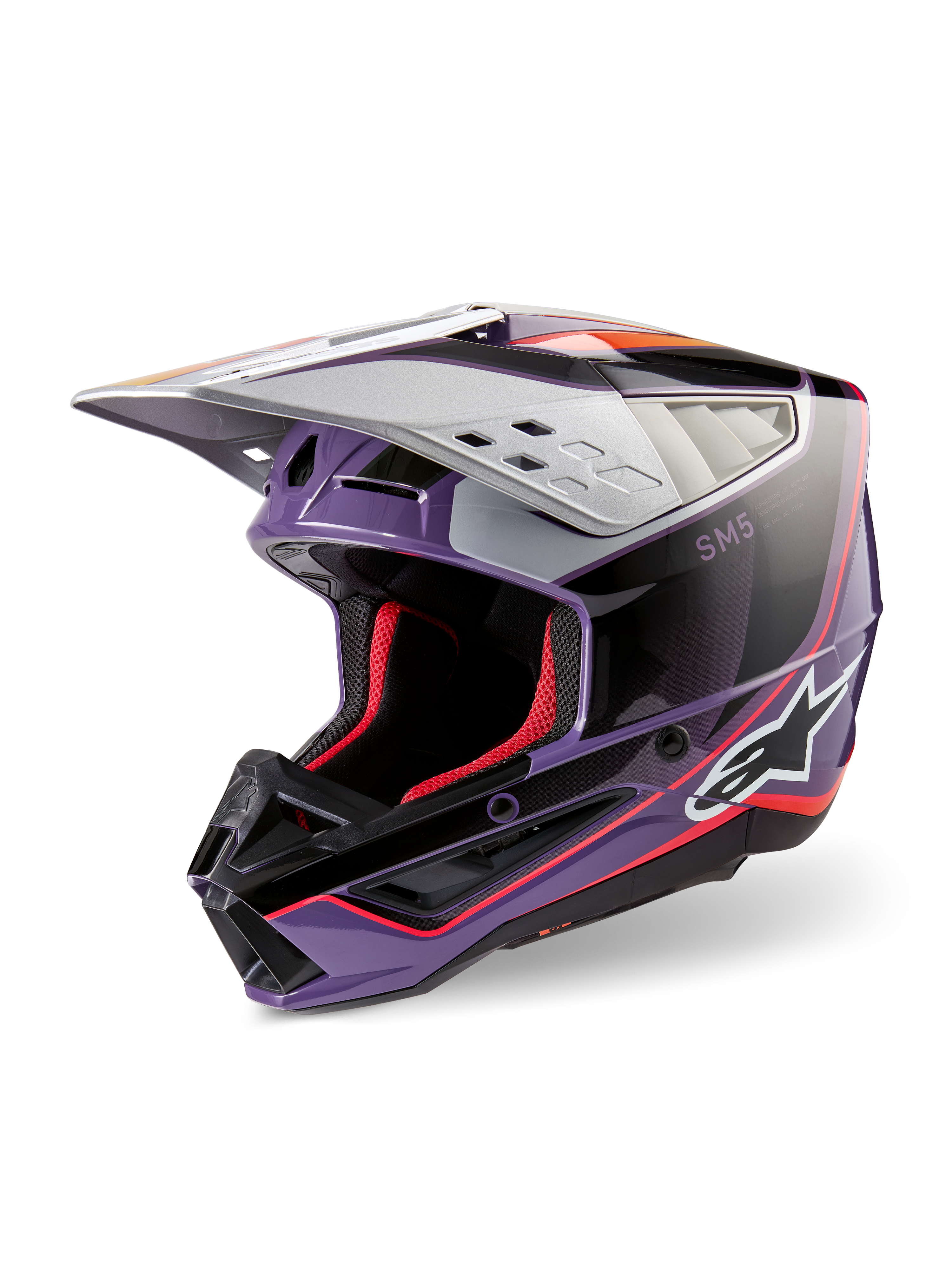 Casco Alpinestars S-M5 Sail ECE, casco de motocross, violeta, negro y plateado brillante, con acolchado interior y detalles en rojo, acabado brillante con el logotipo de Alpinestars destacado, visera aerodinámica plateada, equipo de protección profesional para todoterreno