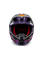 Alpinestars S-M5 Sail Helmet ECE, casco de motocross, violeta, negro y plateado brillante, vista frontal con acolchado interior rojo, mentonera ventilada y visera con detalles en naranja, calota aerodinámica elegante para protección todoterreno