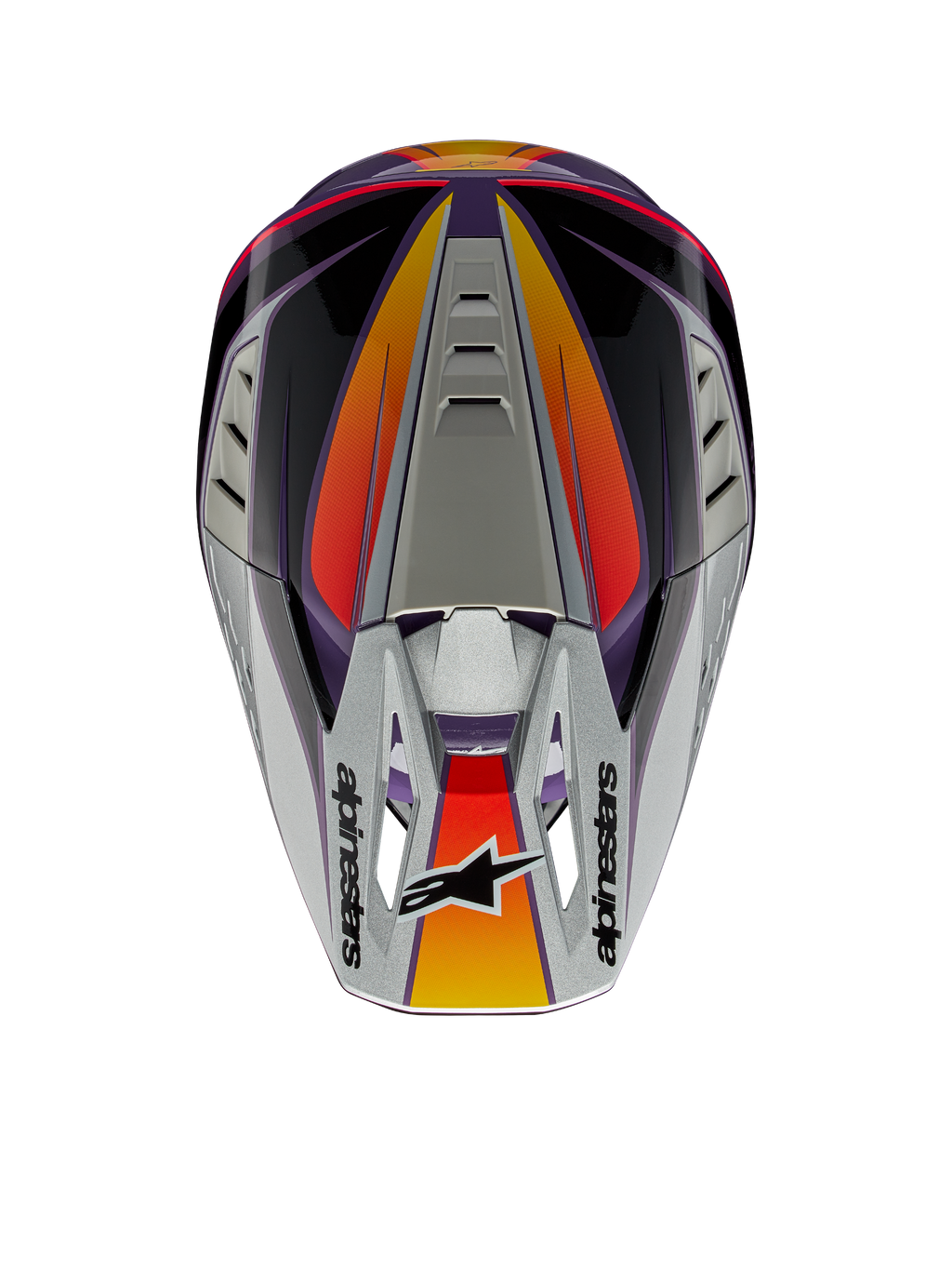 Casco Alpinestars S-M5 Sail ECE, casco de motocross, violeta, negro y plateado brillante, vista superior que muestra la visera plateada con el logotipo de Alpinestars, detalles con degradado en naranja y rojo, calota aerodinámica con puertos de ventilación, protección de cabeza de alto rendimiento para off-road