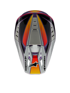 Casco Alpinestars S-M5 Sail ECE, casco de motocross, violeta, negro y plateado brillante, vista superior que muestra la visera plateada con el logotipo de Alpinestars, detalles con degradado en naranja y rojo, calota aerodinámica con puertos de ventilación, protección de cabeza de alto rendimiento para off-road