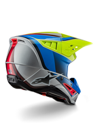 Alpinestars S-M5 Sail Helmet ECE, casco de motocross, amarillo flúor, azul esmalte y plata brillante, vista trasera de tres cuartos que muestra la calota termoplástica aerodinámica, visera grande ventilada y conductos de refrigeración integrados para protección en carreras todoterreno