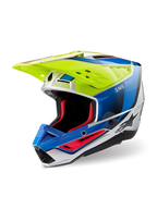 Alpinestars S-M5 Sail Helmet ECE, casco de motocross, amarillo flúor, azul esmalte y plateado brillante, con una carcasa termoplástica aerodinámica, acolchado interno rojo y una visera de ventilación de alto flujo para rendimiento off-road