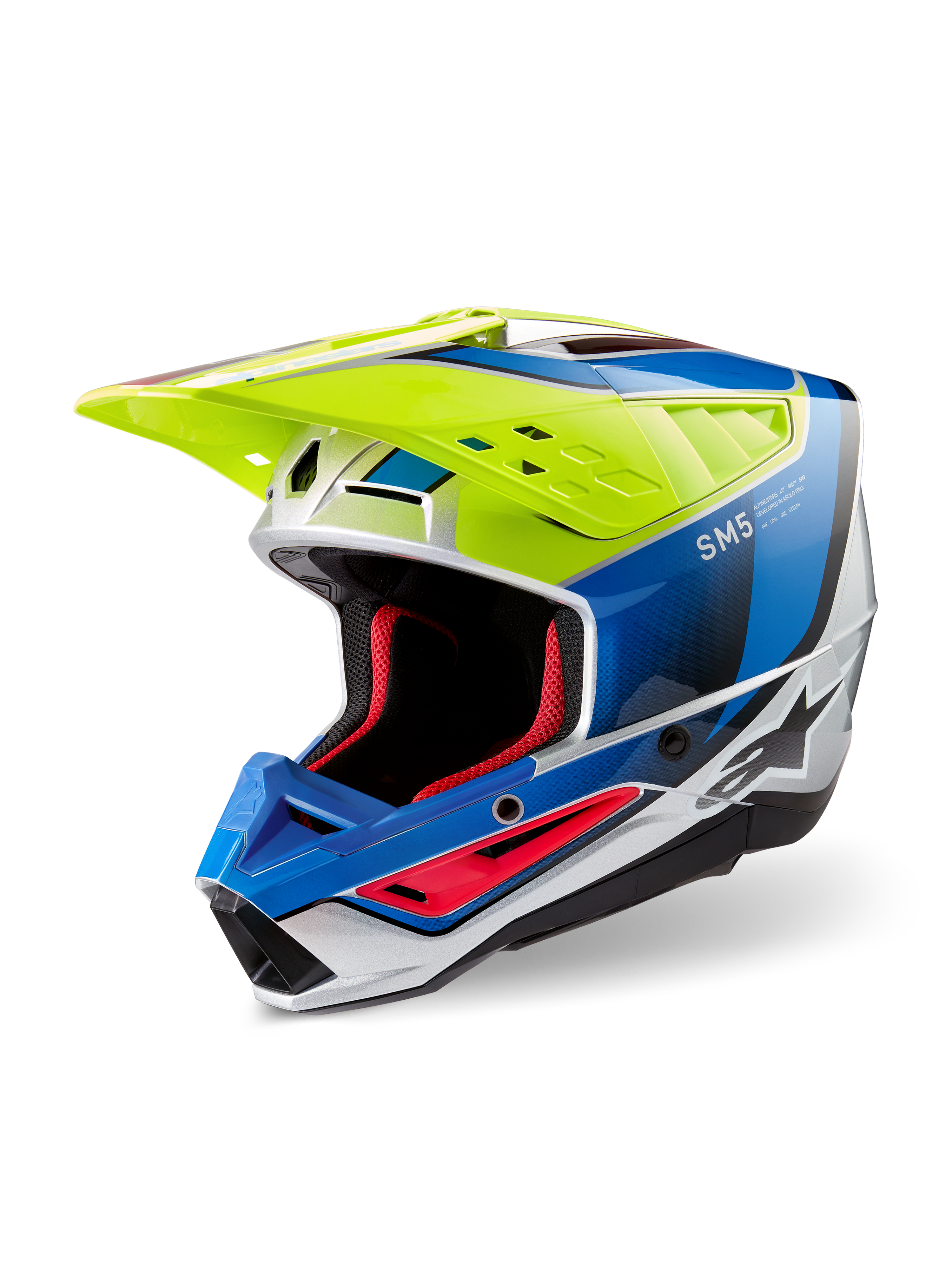 Alpinestars S-M5 Sail Helmet ECE, casco de motocross, amarillo flúor, azul esmalte y plateado brillante, con una carcasa termoplástica aerodinámica, acolchado interno rojo y una visera de ventilación de alto flujo para rendimiento off-road