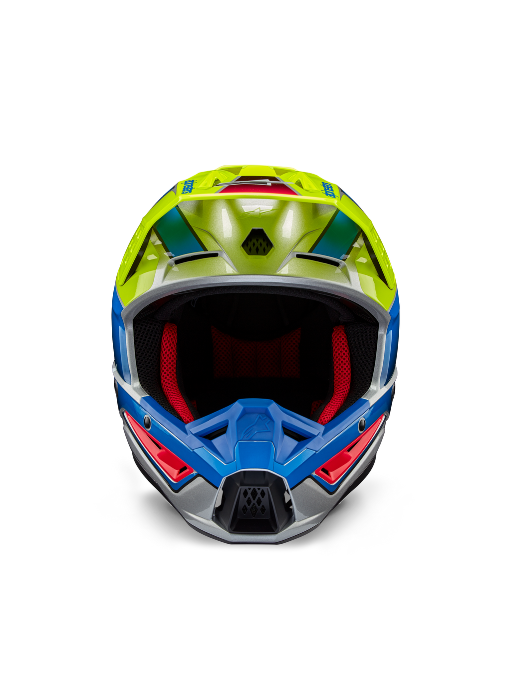 Alpinestars S-M5 Sail Helmet ECE, casco de motocross, amarillo flúor y azul esmalte con acabado plateado brillante, vista frontal que muestra el acolchado interior rojo y visera aerodinámica, protección de cabeza de alto rendimiento para carreras todoterreno