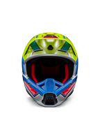 Alpinestars S-M5 Sail Helmet ECE, casco de motocross, amarillo flúor y azul esmalte con acabado plateado brillante, vista frontal que muestra el acolchado interior rojo y visera aerodinámica, protección de cabeza de alto rendimiento para carreras todoterreno