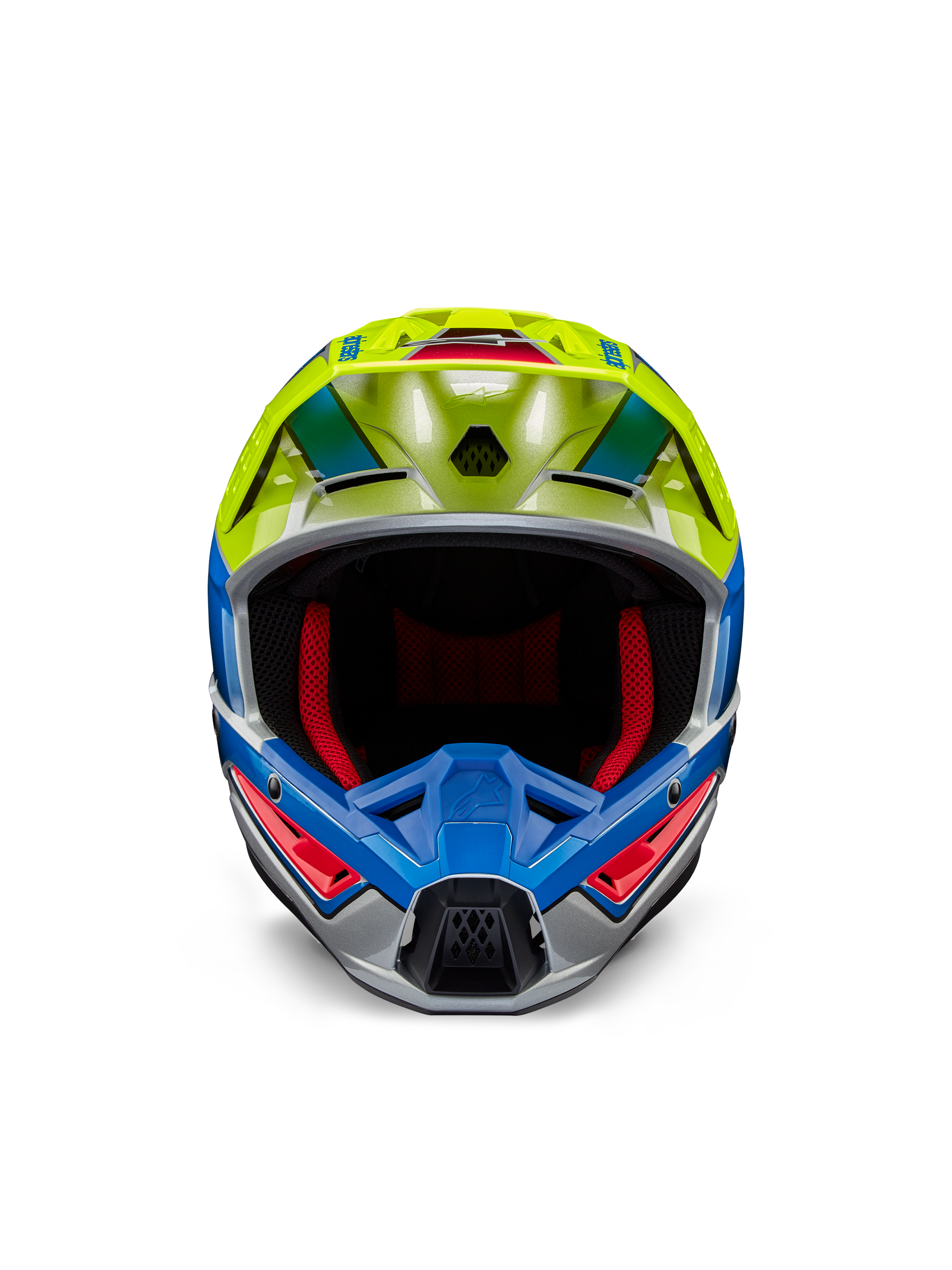 Alpinestars S-M5 Sail Helmet ECE, casco de motocross, amarillo flúor y azul esmalte con acabado plateado brillante, vista frontal que muestra el acolchado interior rojo y visera aerodinámica, protección de cabeza de alto rendimiento para carreras todoterreno
